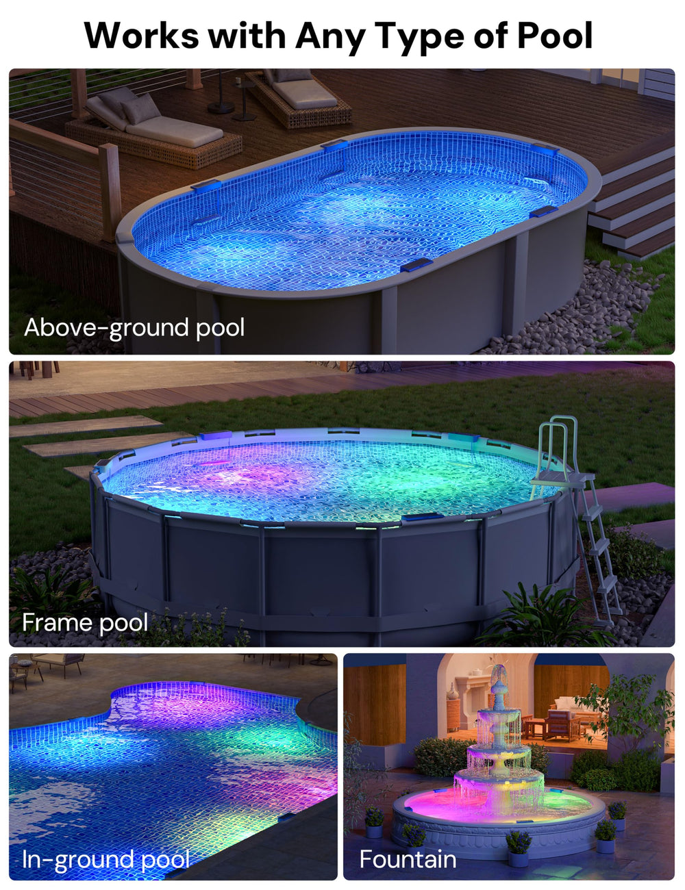 NIORSUN Solar Pool Light showing vibrant lighting effects