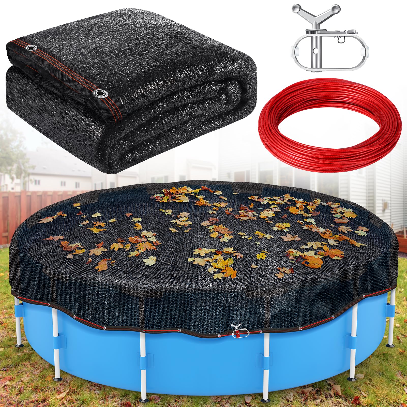 Niuyhe 15FT Pool Leaf Net Cover front view with winch and cable