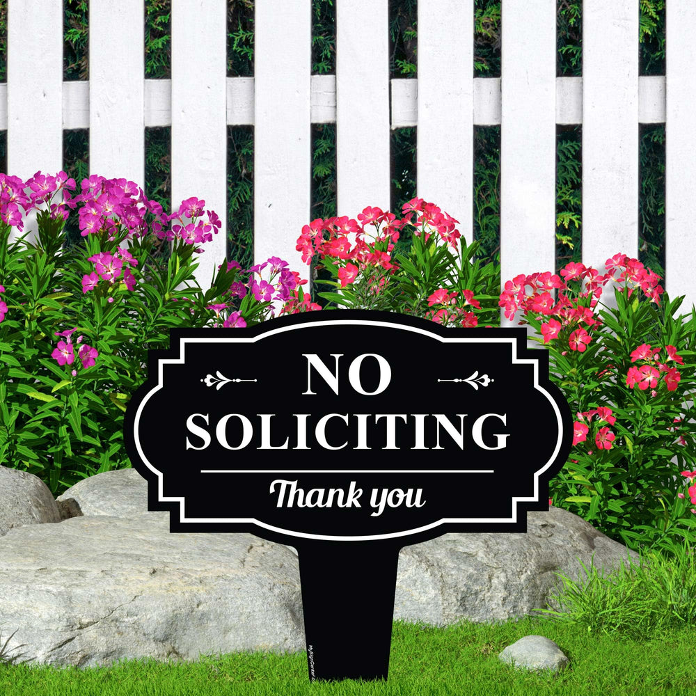 No Soliciting Yard Sign 11x11 inches displayed in garden