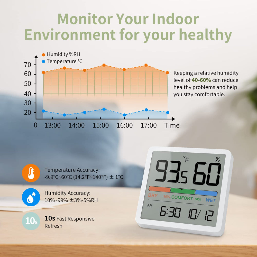 NOKLEAD hygrometer on a desk showing temperature and humidity