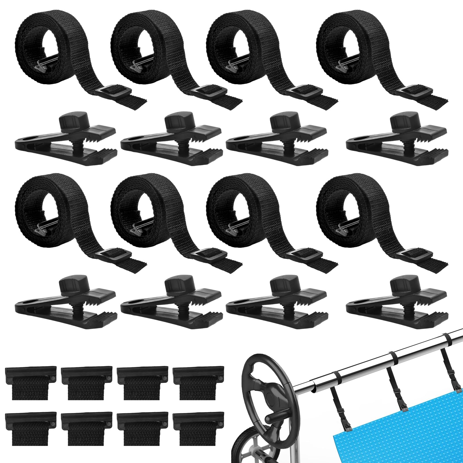 Nollapo Pool Solar Cover Reel Attachment Kit components including clips and straps