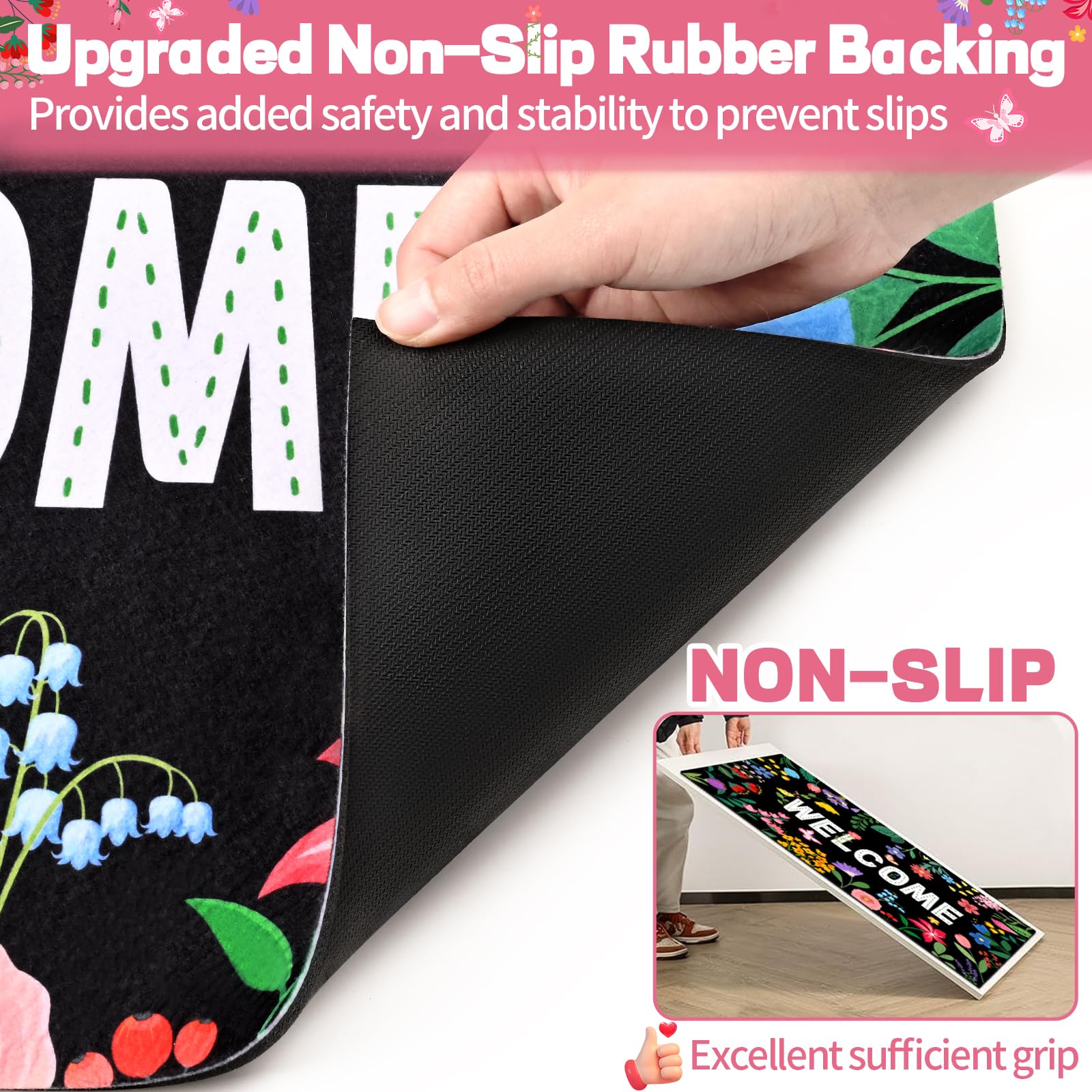 Non-slip rubber backing of the Likiyol Floral Door Mat