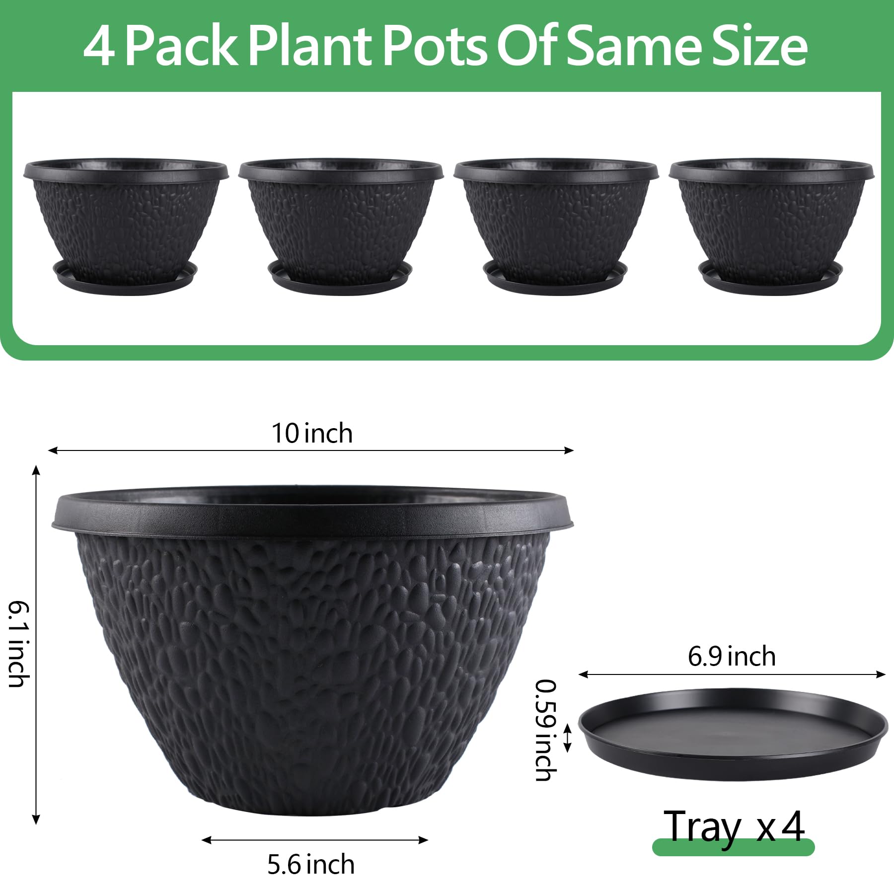 Nooulap 10 inch black plant pot side view