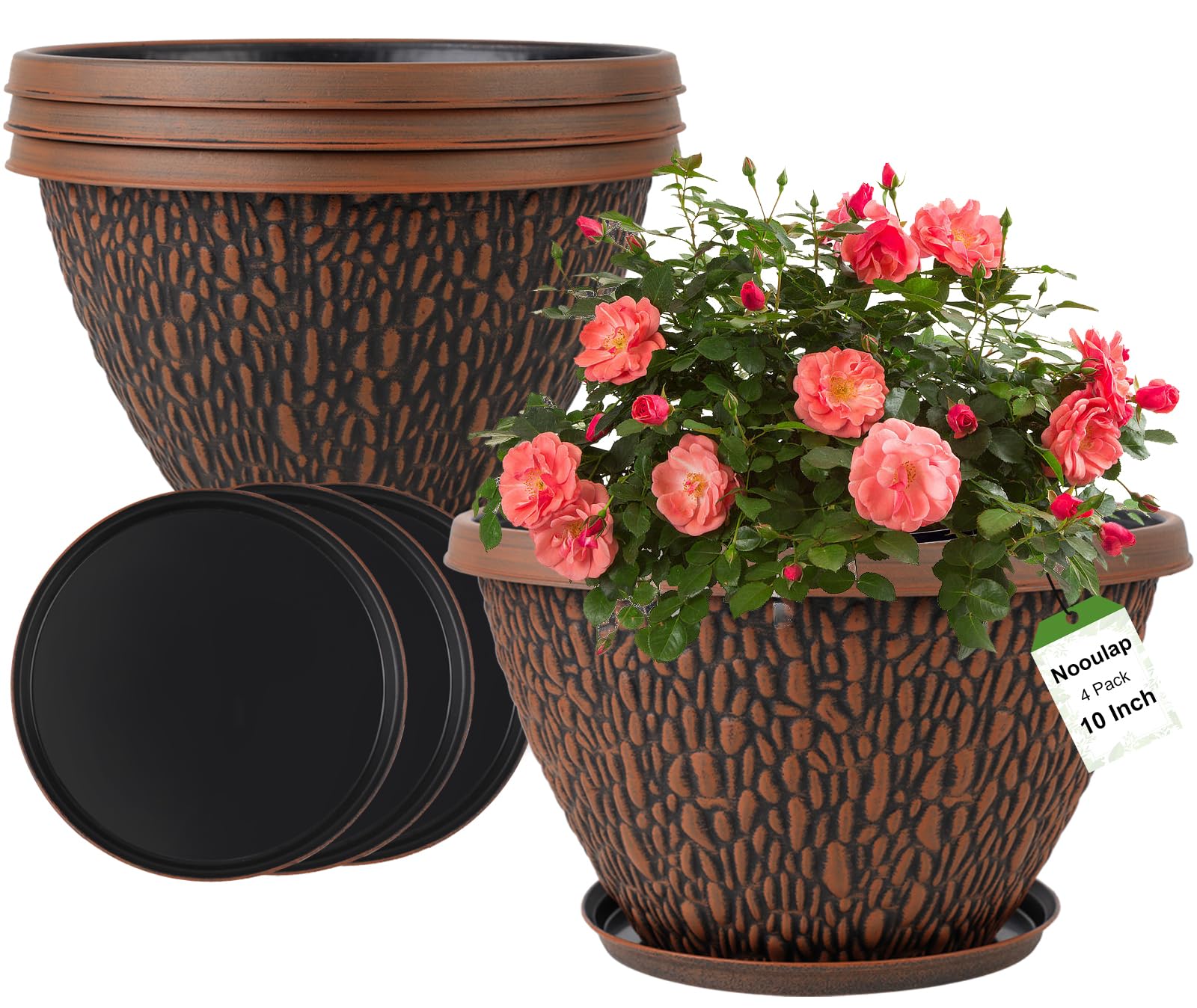 Nooulap 10 inch flower pot brown with matching saucer