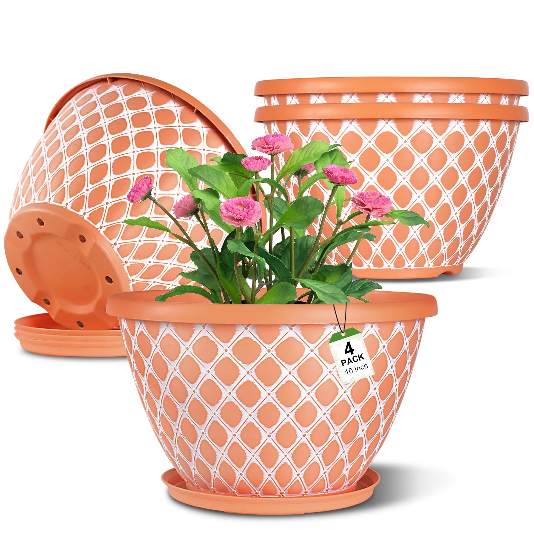 Nooulap 10 Inch orange flower pot with diamond grid texture