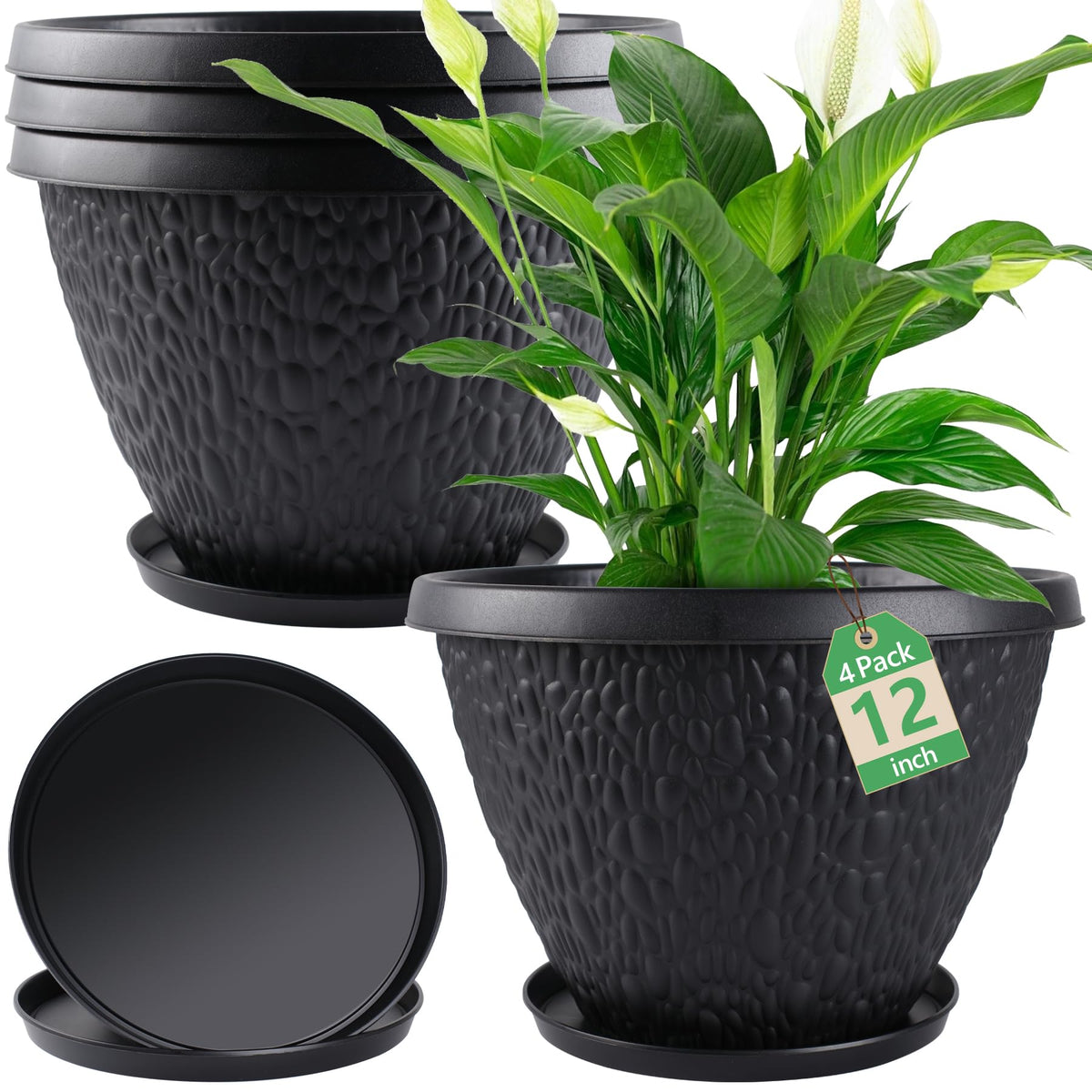 Nooulap 12-inch black plant pot front view with decorative pebble texture