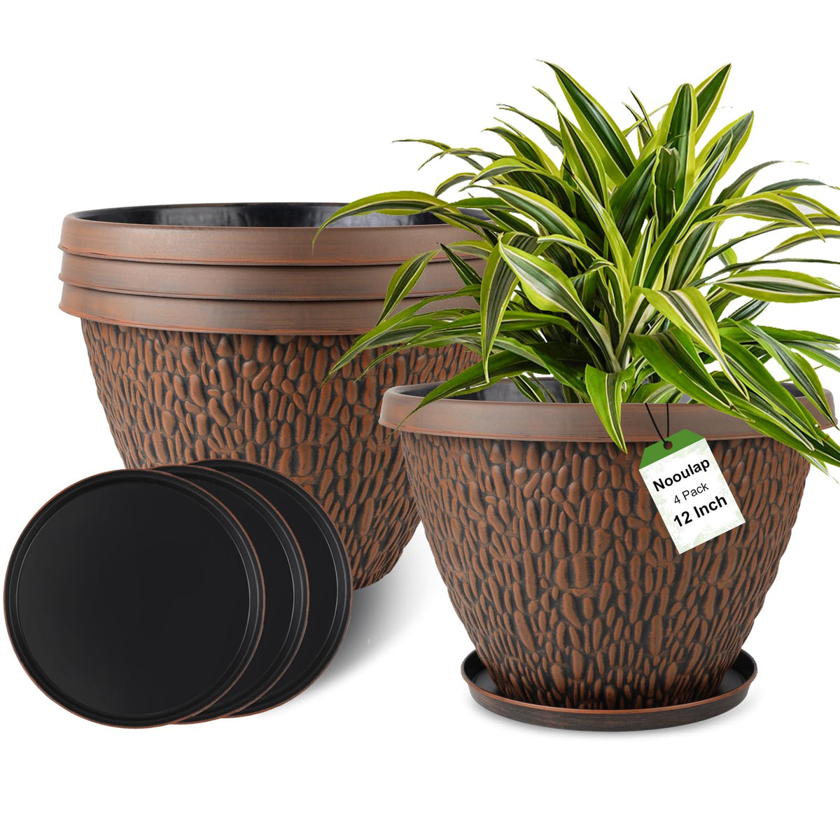Nooulap 12 Inch Imitation Pebble Pattern Plant Pot with Tray