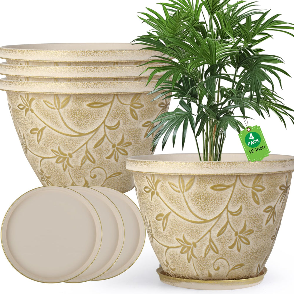Nooulap 16 inch beige plant pot front view with gold embossed magnolia pattern