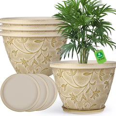 Nooulap 16 inch beige plant pot front view with gold embossed magnolia pattern
