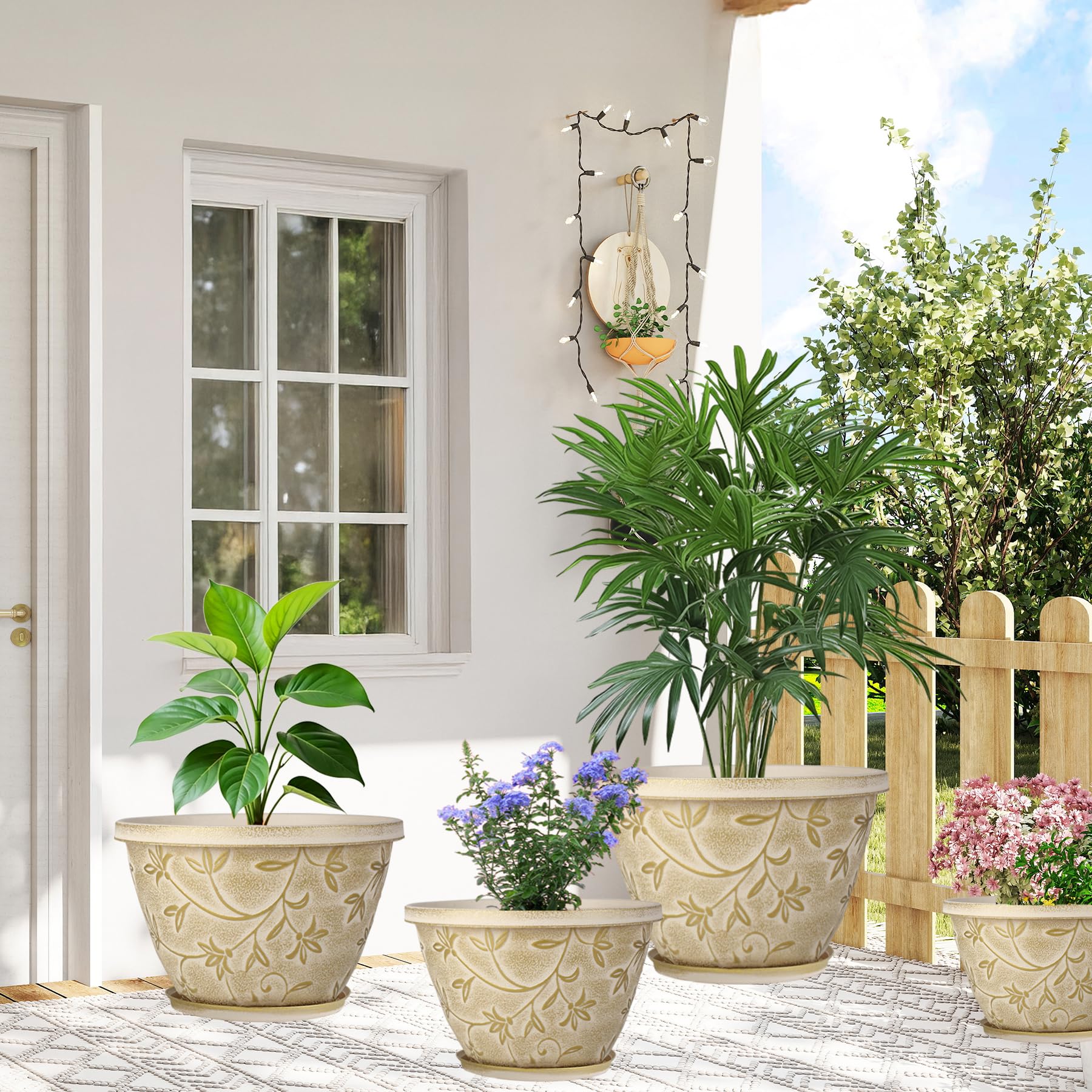 Nooulap 16 inch beige plant pot with decorative magnolia design
