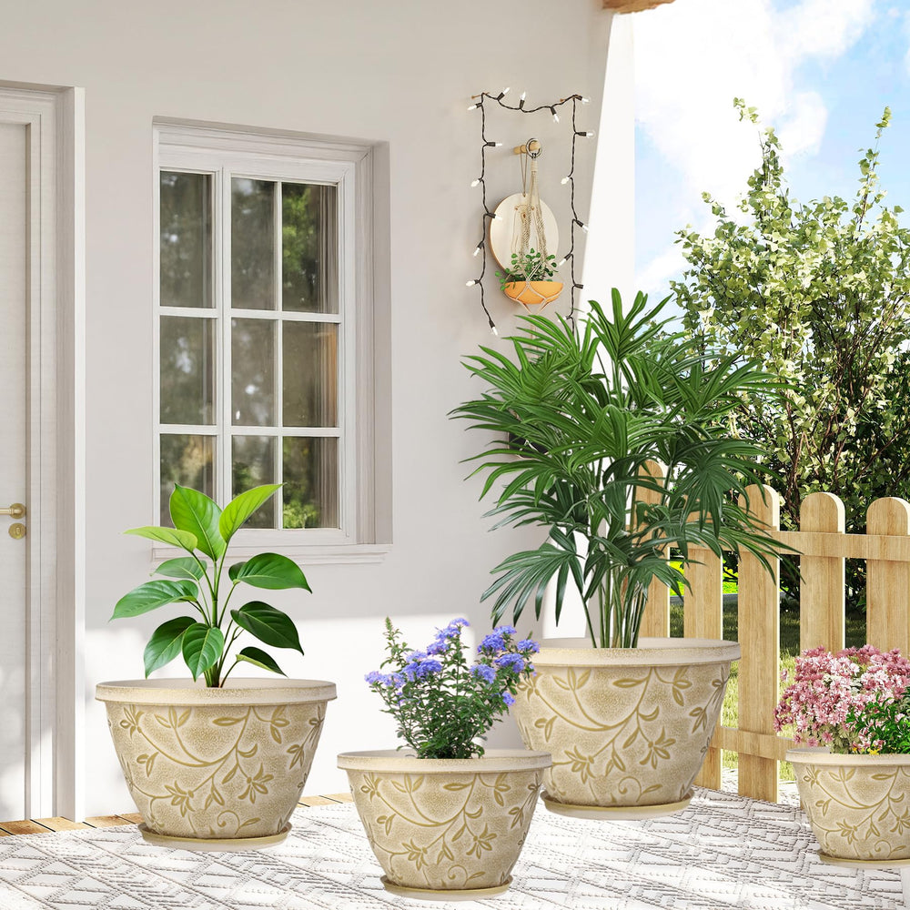 Nooulap 16 inch beige plant pot with decorative magnolia design