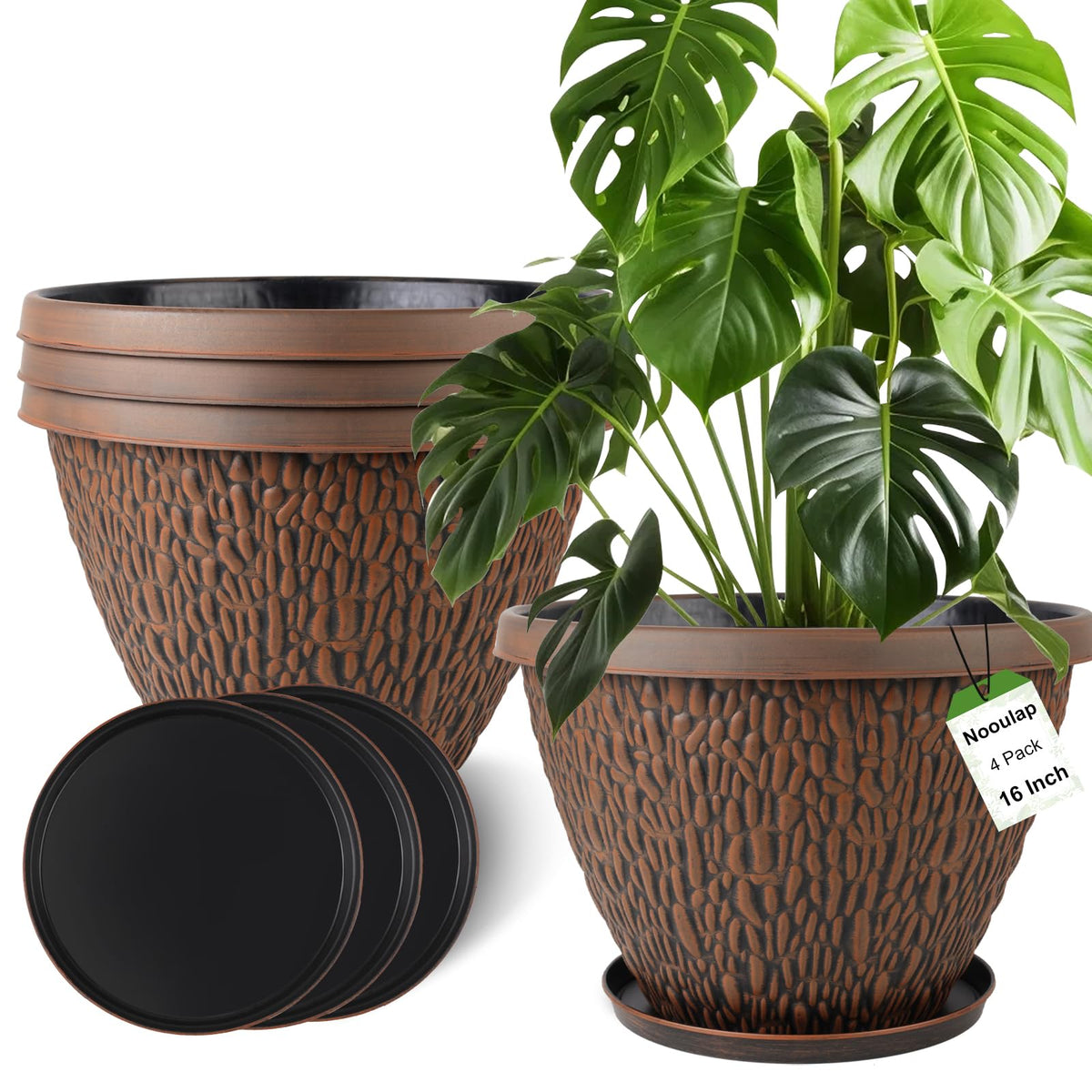 Nooulap 16 Inch Outdoor Plant Pot front view with imitation pebble pattern