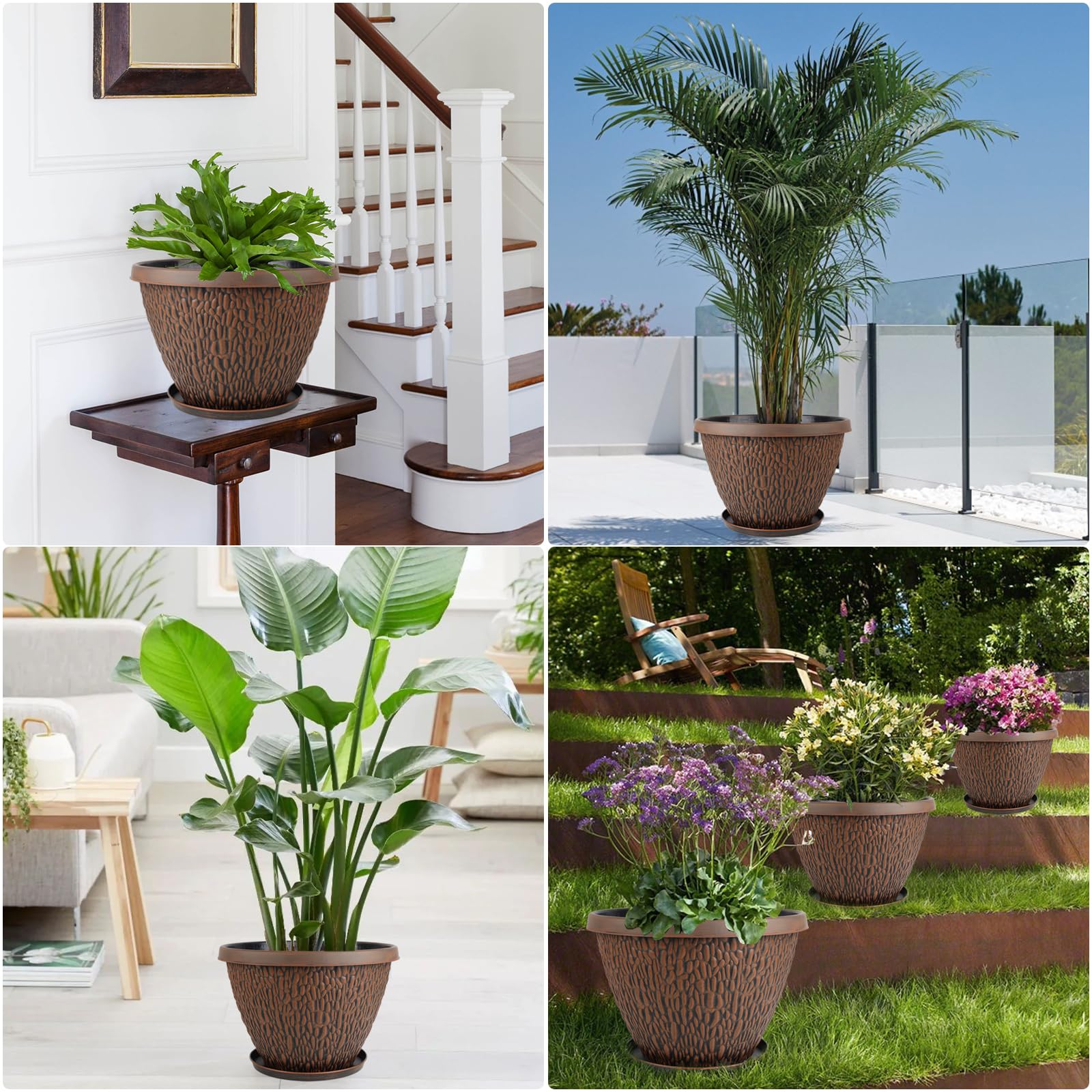 Nooulap brown flower pots in a garden setting