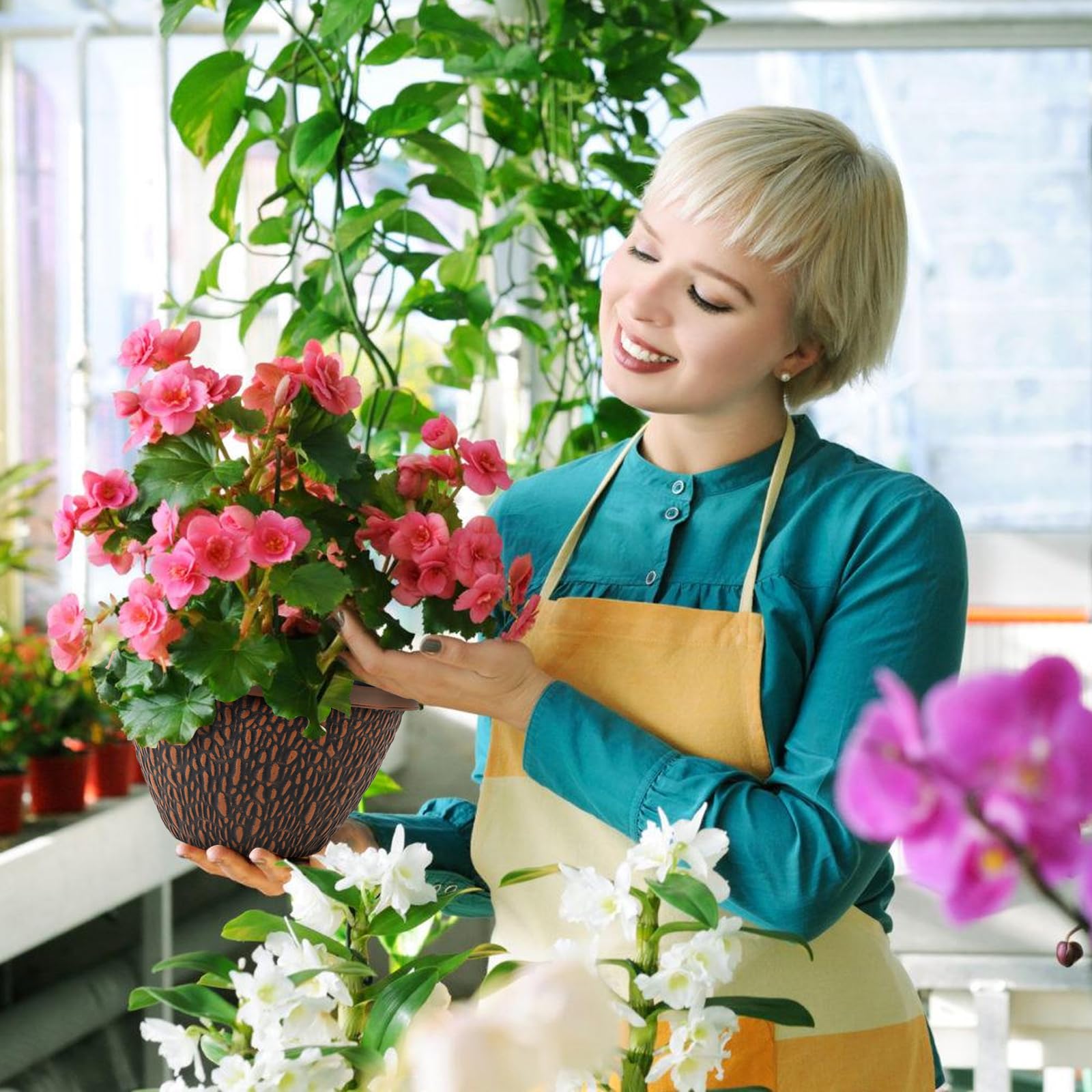 Nooulap brown plant pot with colorful flowers