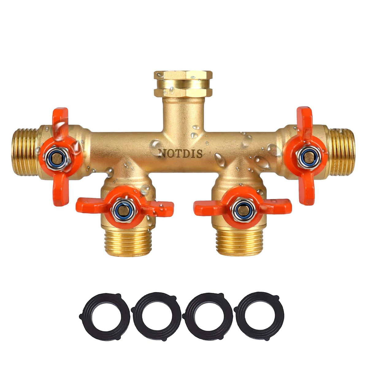 NOTDIS 4 Way Brass Hose Splitter front view with metal handle
