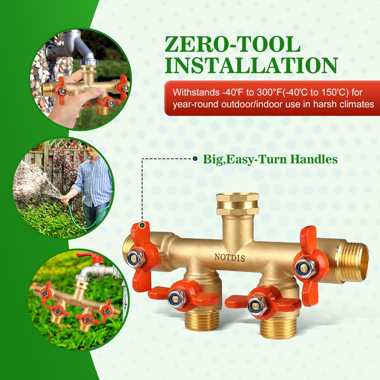 NOTDIS 4 Way Brass Hose Splitter with multiple hose connections