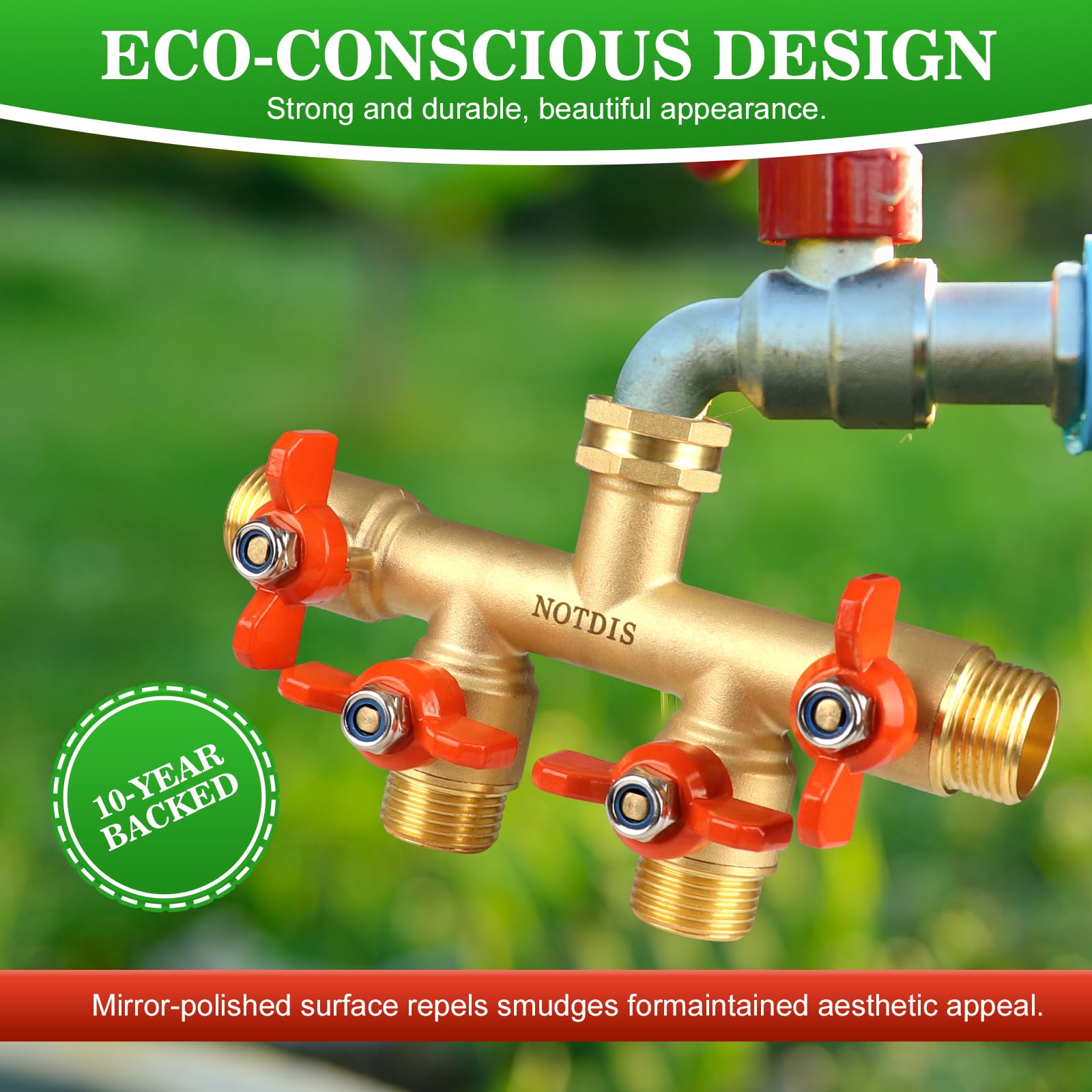 NOTDIS 4 Way Hose Splitter showing brass construction and design