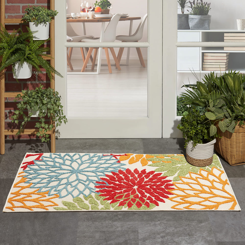 Nourison Aloha 3' x 5' green area rug front view with floral pattern