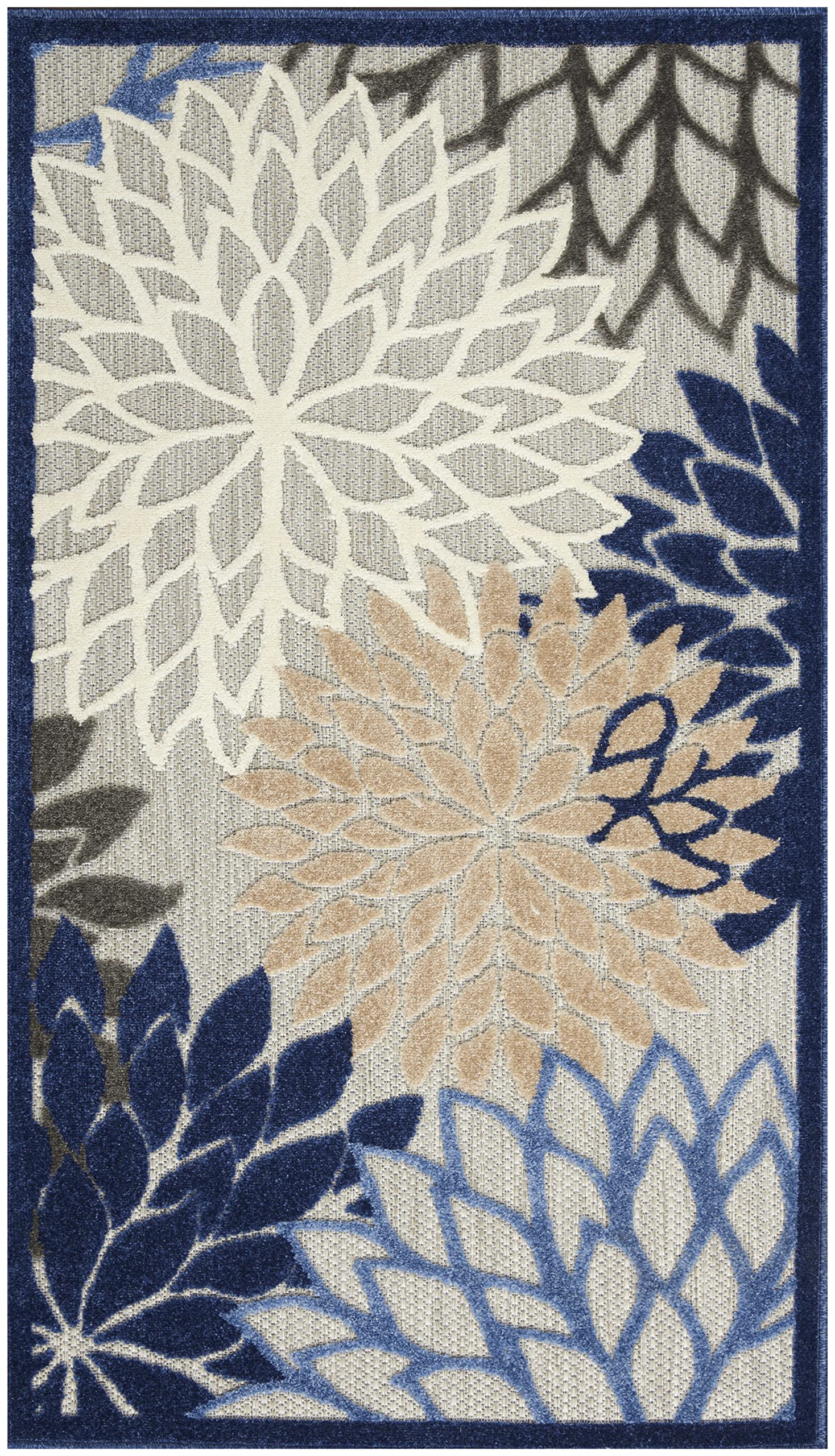 Nourison Aloha area rug on patio showcasing vibrant blue and multicolor