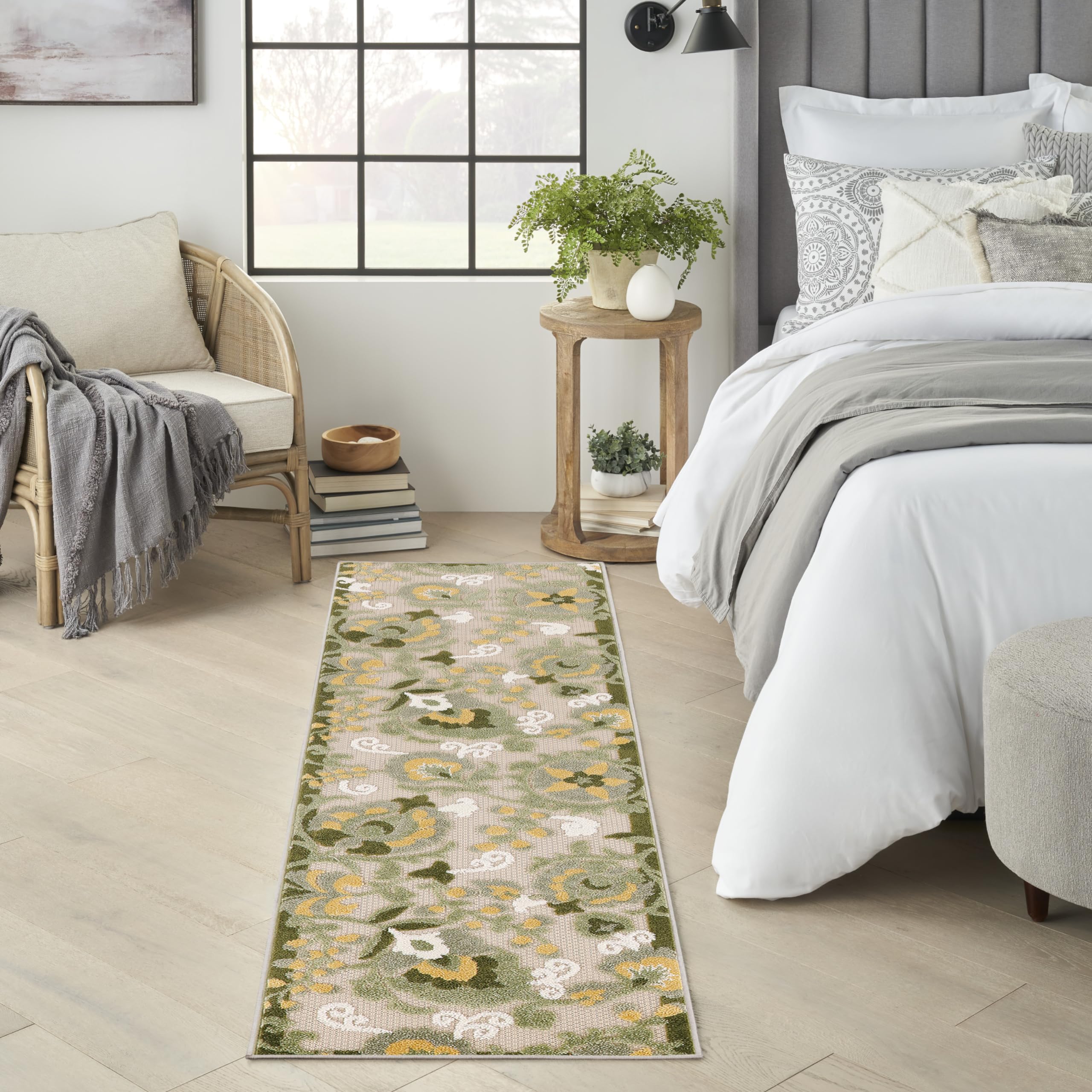 Nourison Aloha Outdoor Runner Rug in ivory green floral design