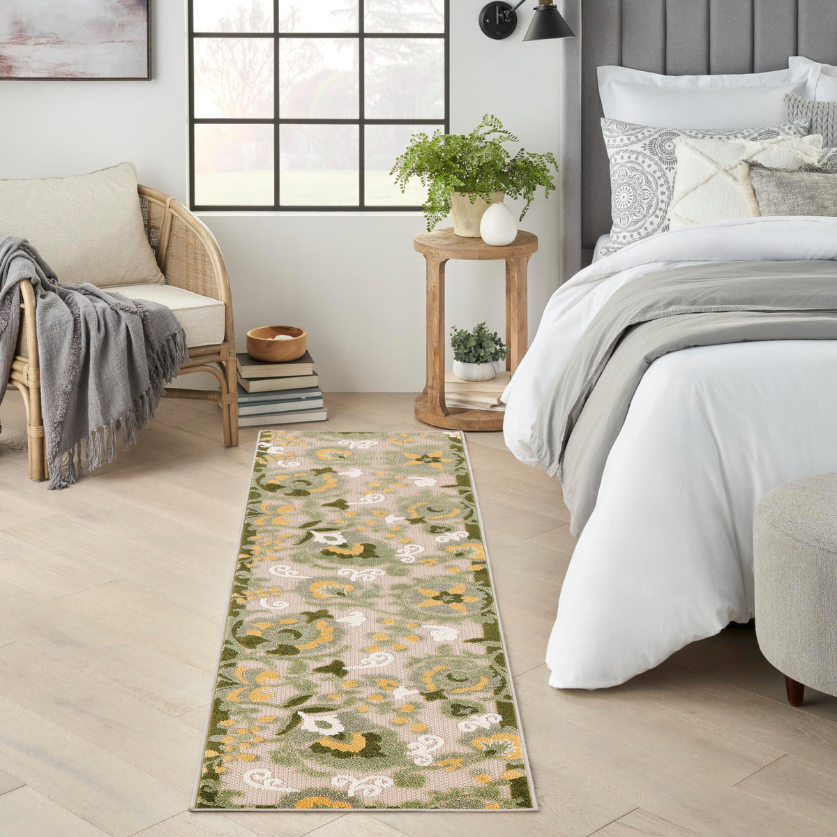 Nourison Aloha Outdoor Runner Rug in ivory green floral design