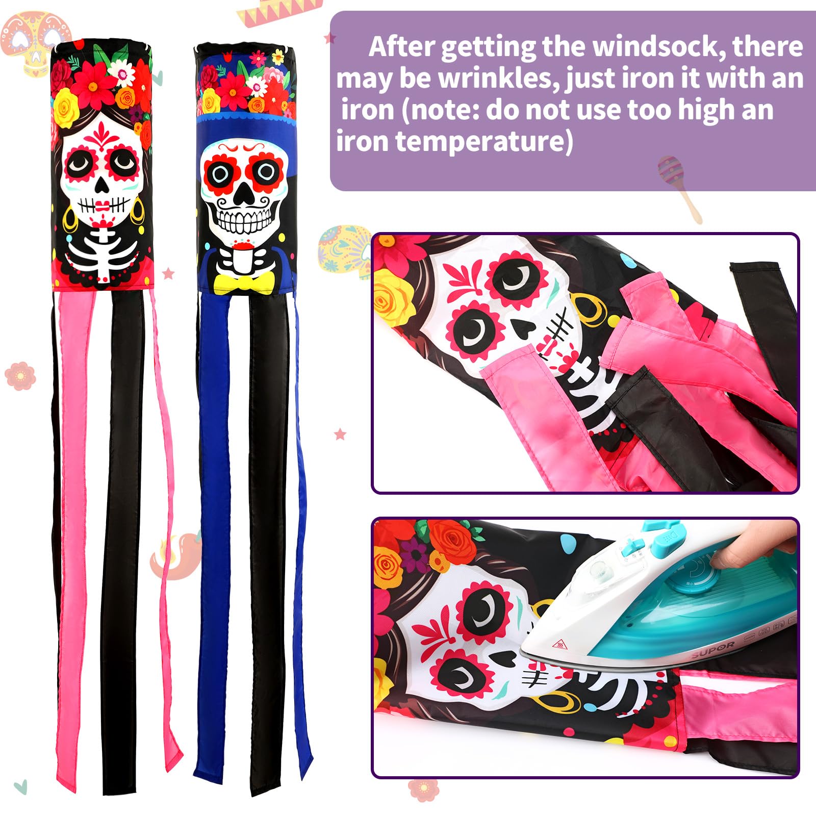 NOVWANG sugar skull windsock hanging in garden