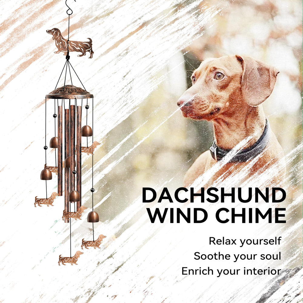 Nowpis Dachshund Wind Chimes displayed on a porch