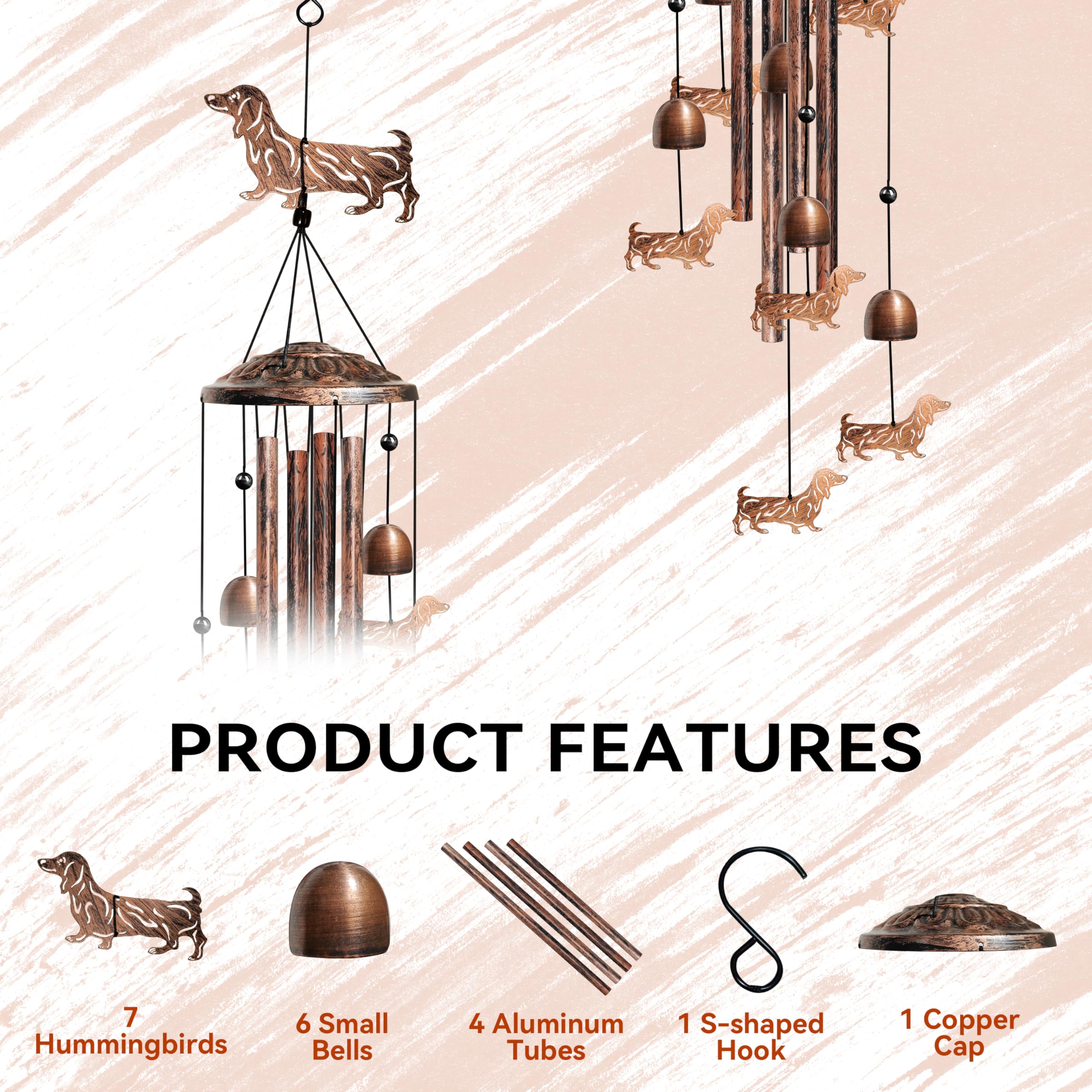 Nowpis Dachshund Wind Chimes hanging in a garden setting