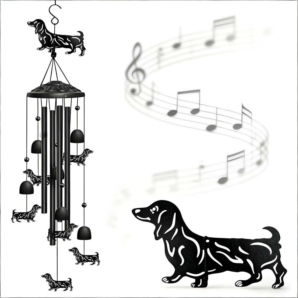 Nowpis Dachshund Wind Chimes in black with six small dachshunds