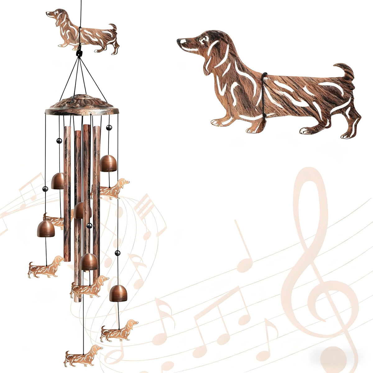 Nowpis Dachshund Wind Chimes with larger dachshund and six small dogs