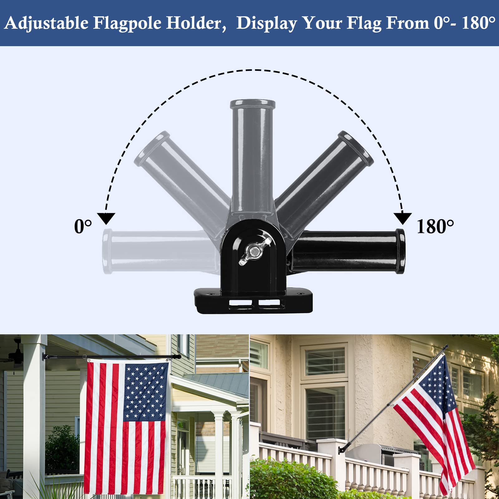 NQ flag pole holder adjustable bracket with flag mounted outdoors