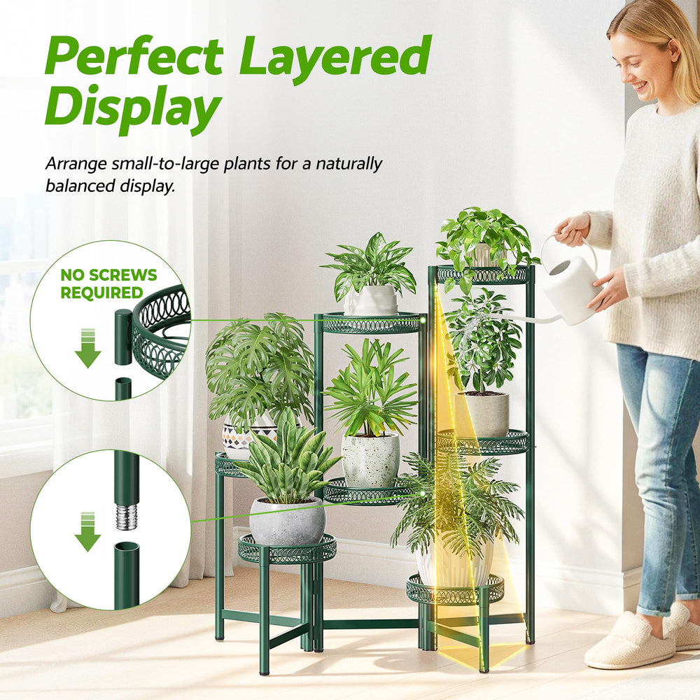 NQW 7 Tier Metal Corner Plant Stand in a garden setting
