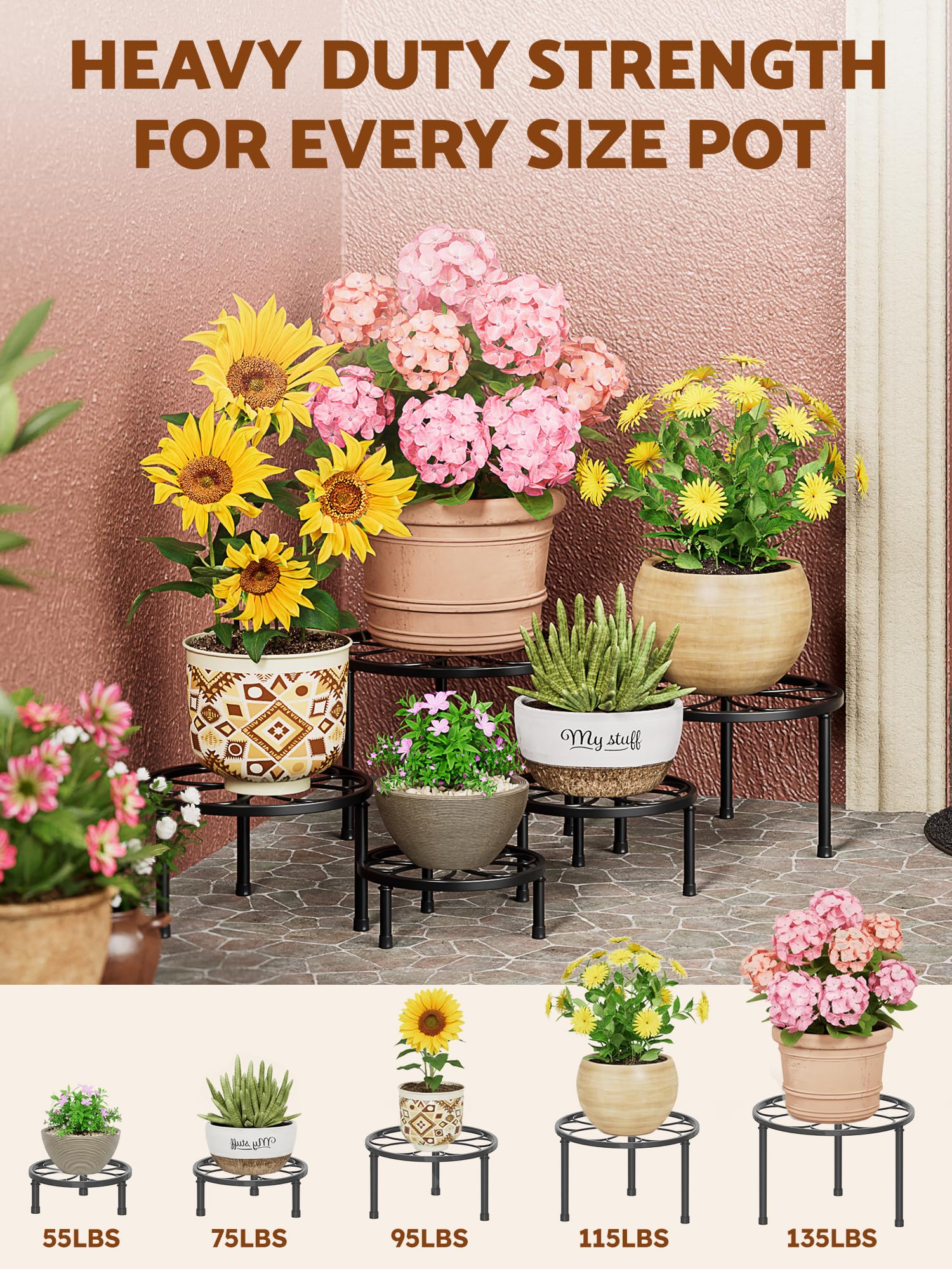 NQW plant stands in a garden setting with flowers