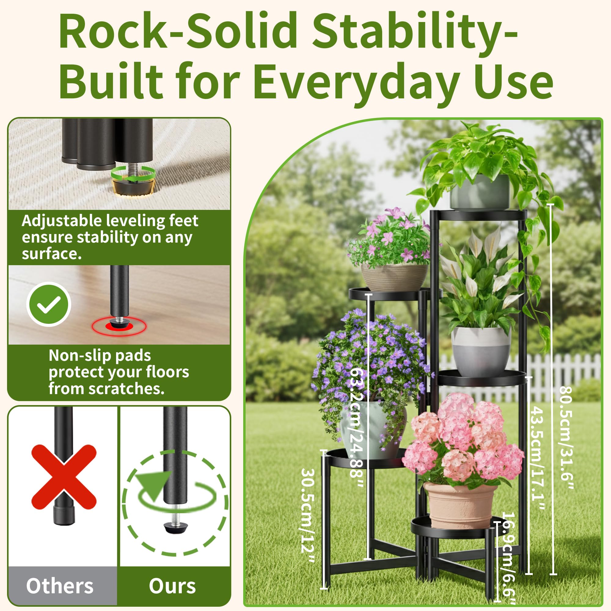 NQW Tall Plant Stand displayed on a balcony with plants