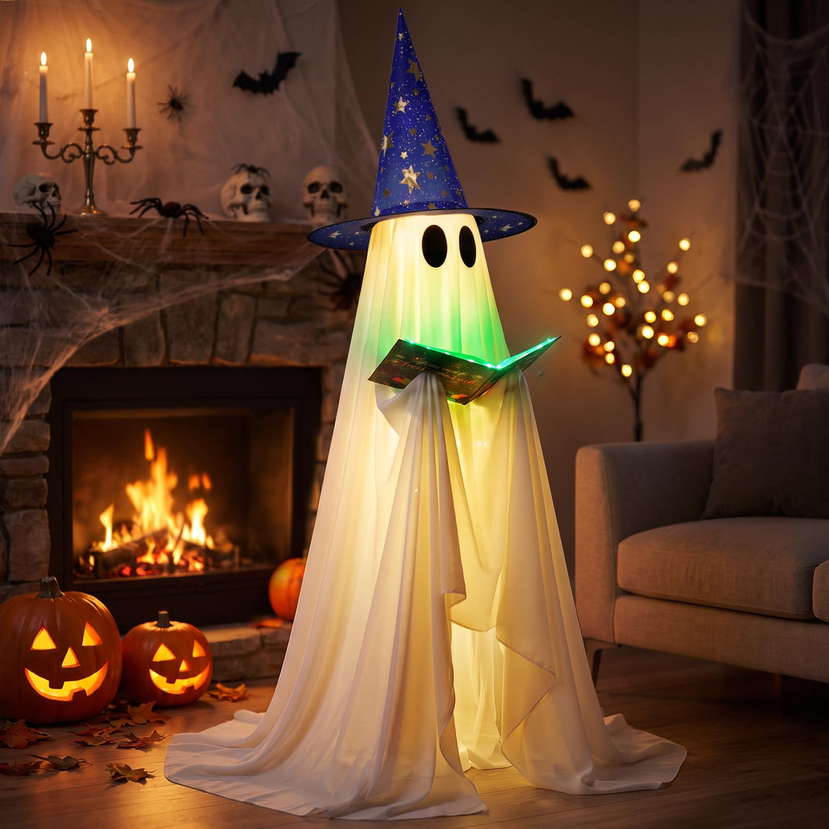 Nsoyos 53-inch Halloween ghost decoration with witch hat and spellbook