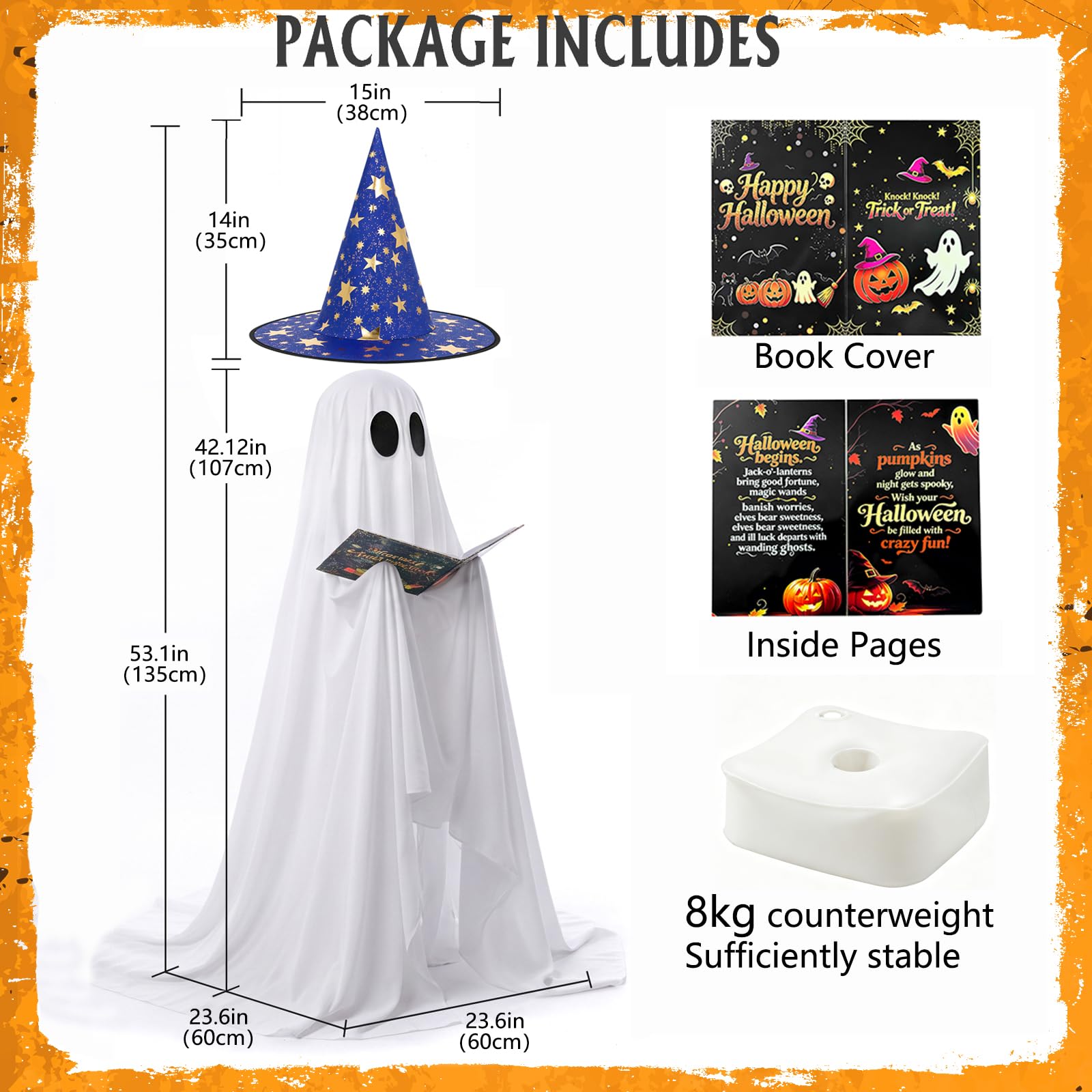 Nsoyos Halloween ghost decoration next to a pumpkin display