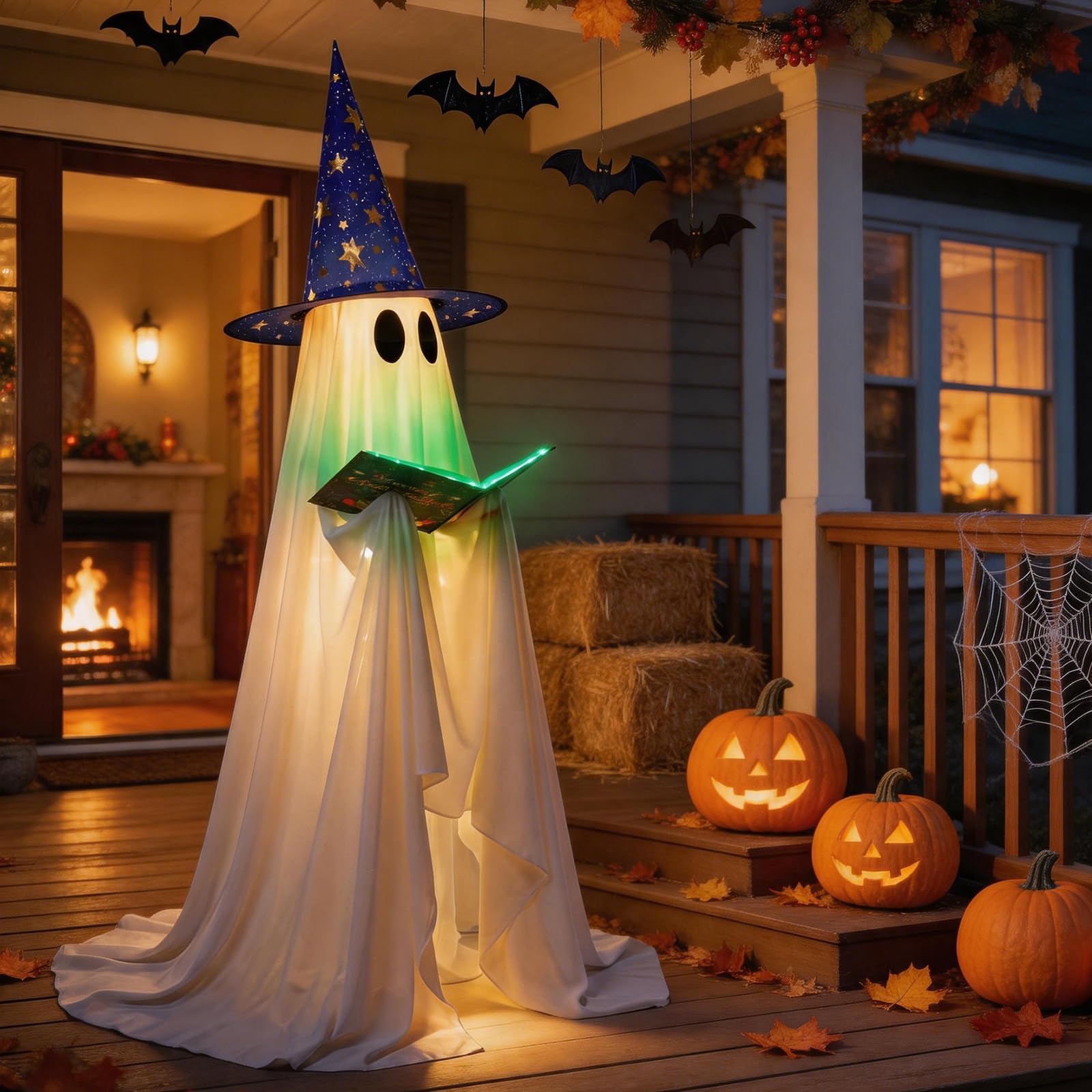 Nsoyos Halloween ghost decoration shown lit up at night