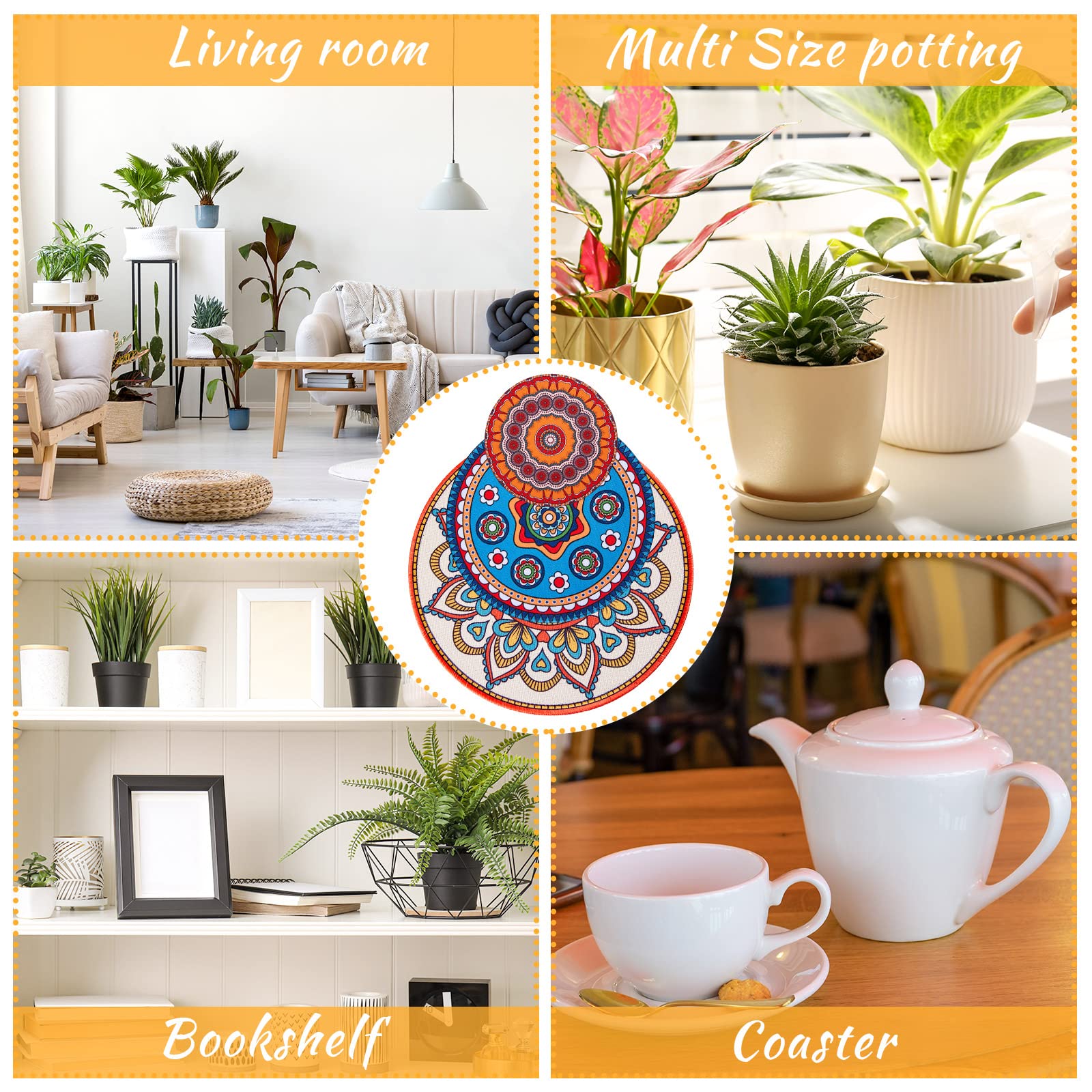 Nuanchu Boho Plant Coaster displayed with decorative plants
