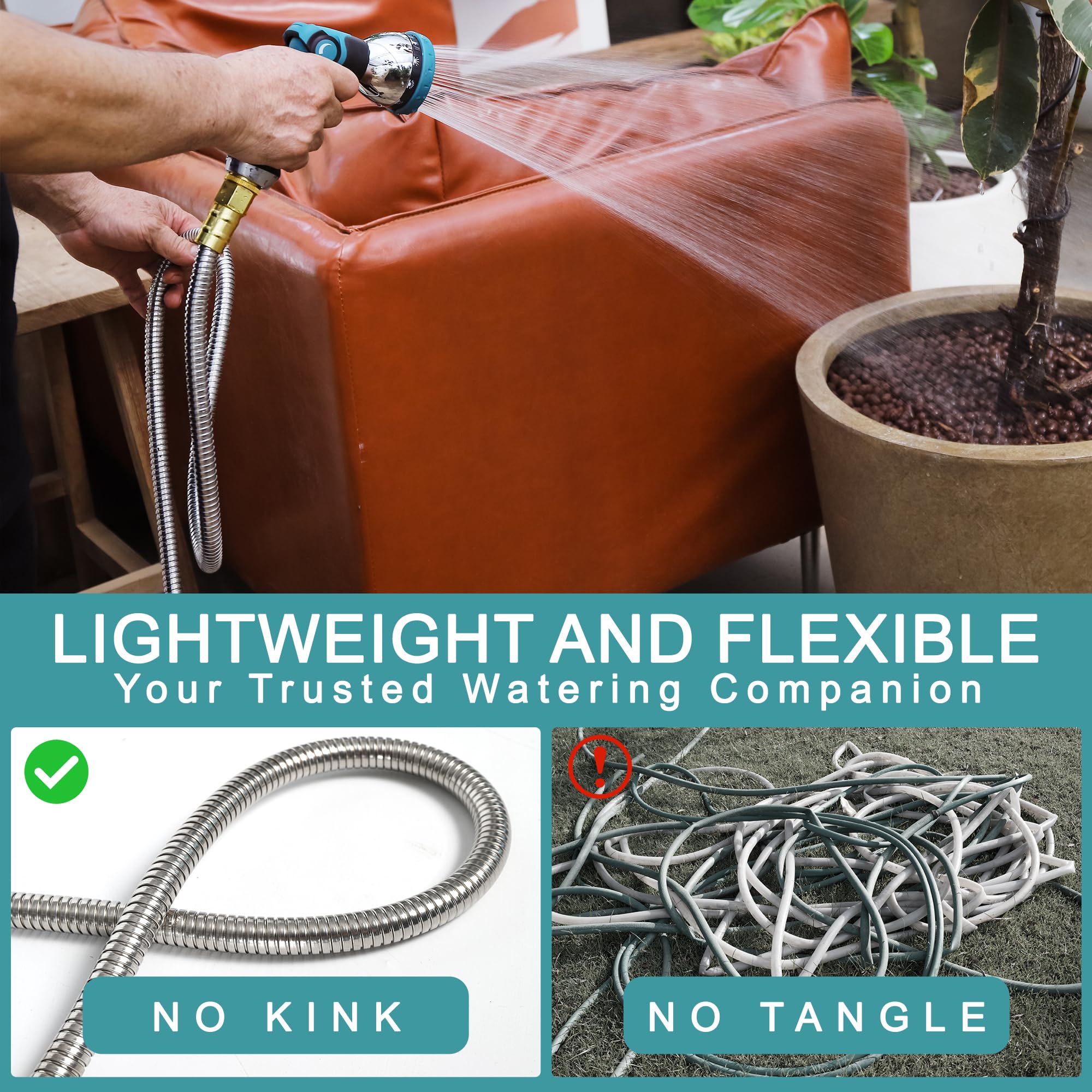 Numwot garden hose showing connection to faucet