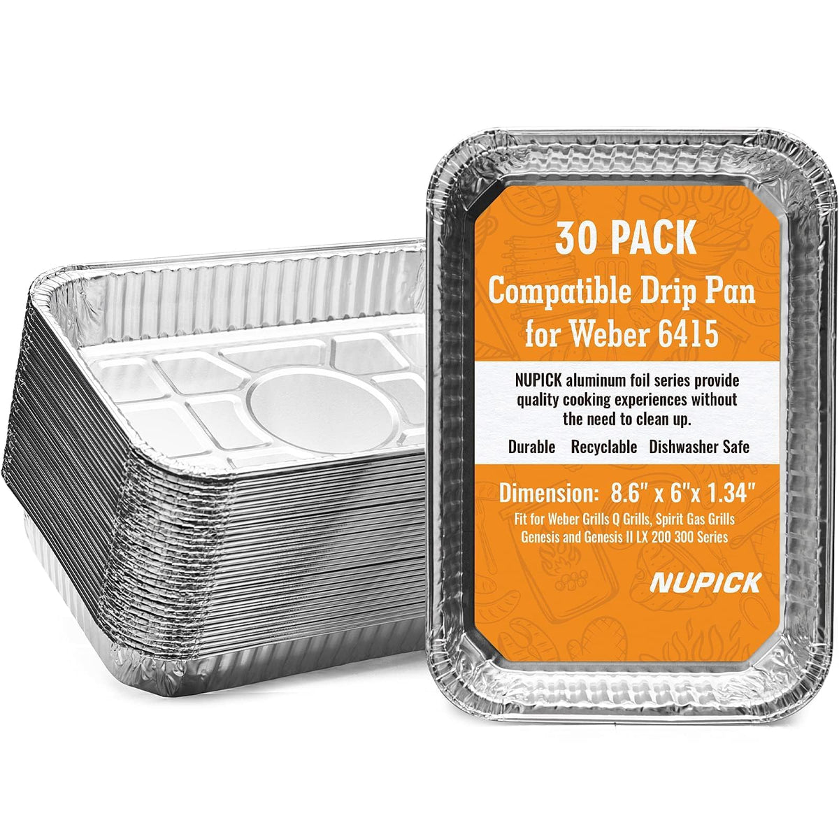 NUPICK 30 Pack Drip Pans for Weber Grills, front view