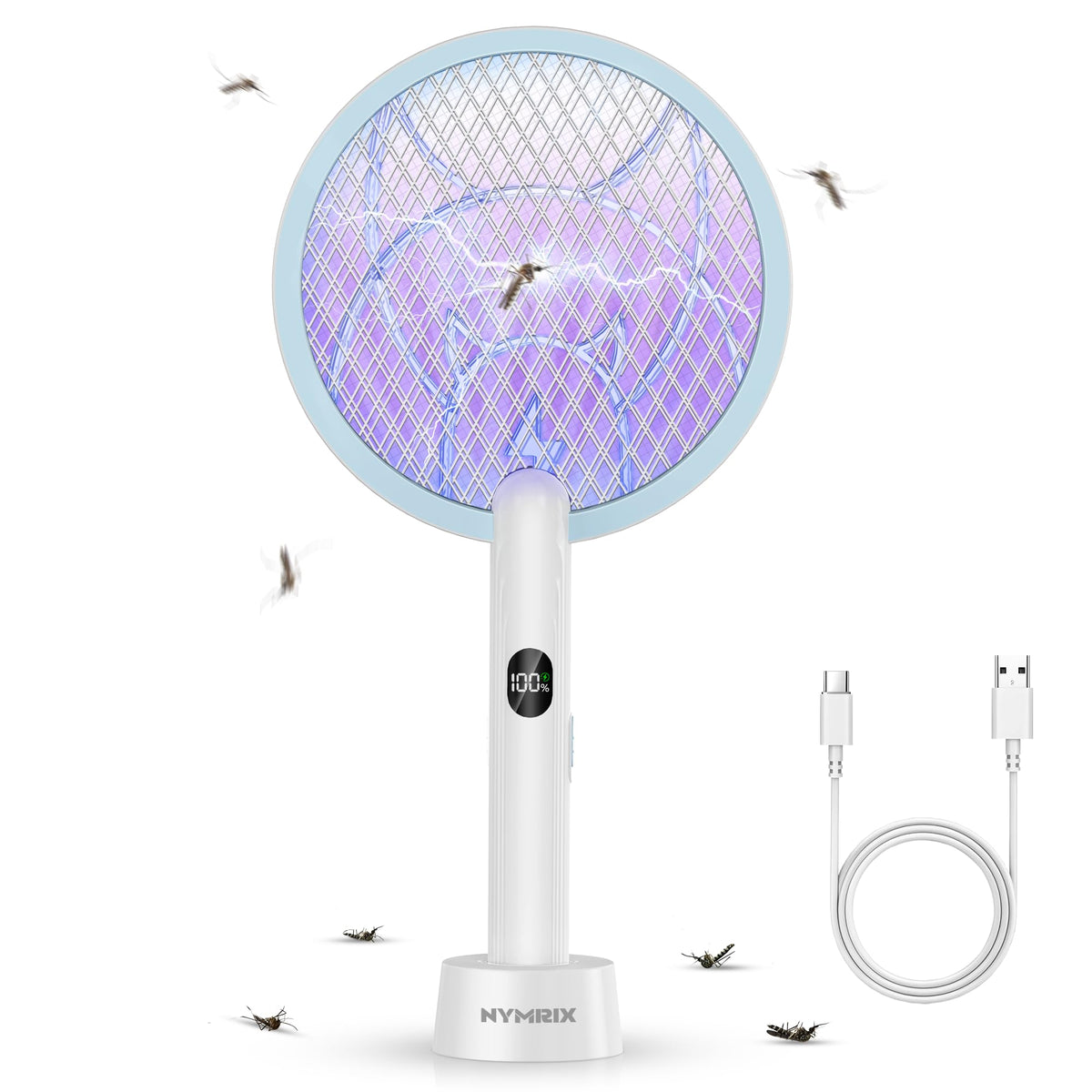 Nymrix Electric Fly Swatter front view with blue handle