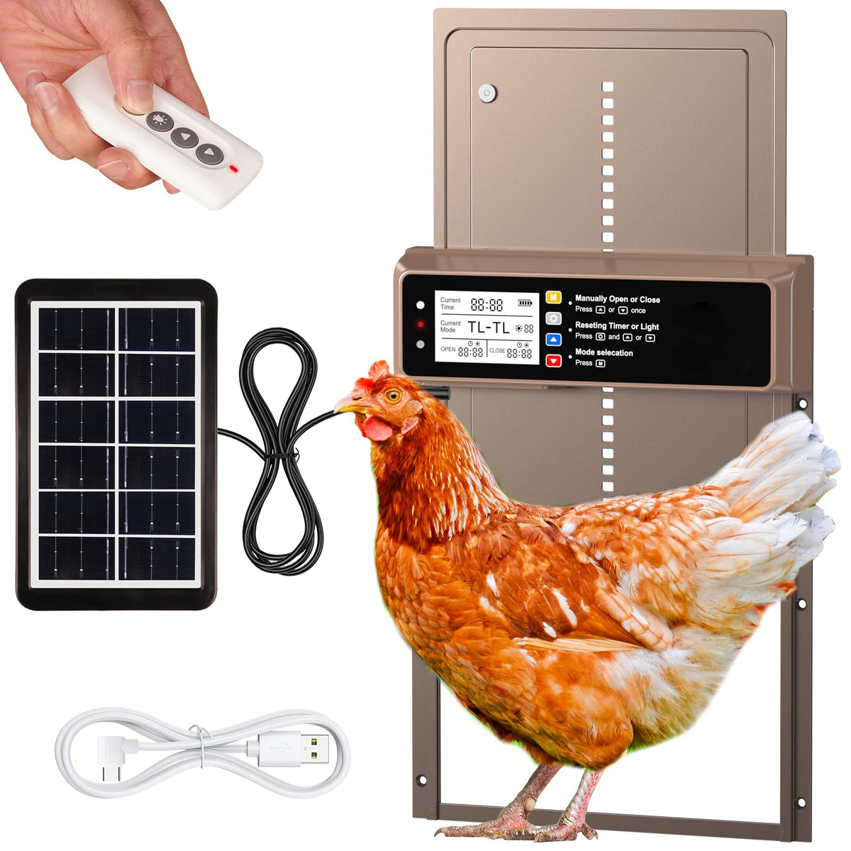 NyPots Automatic Chicken Coop Door front view with solar panel
