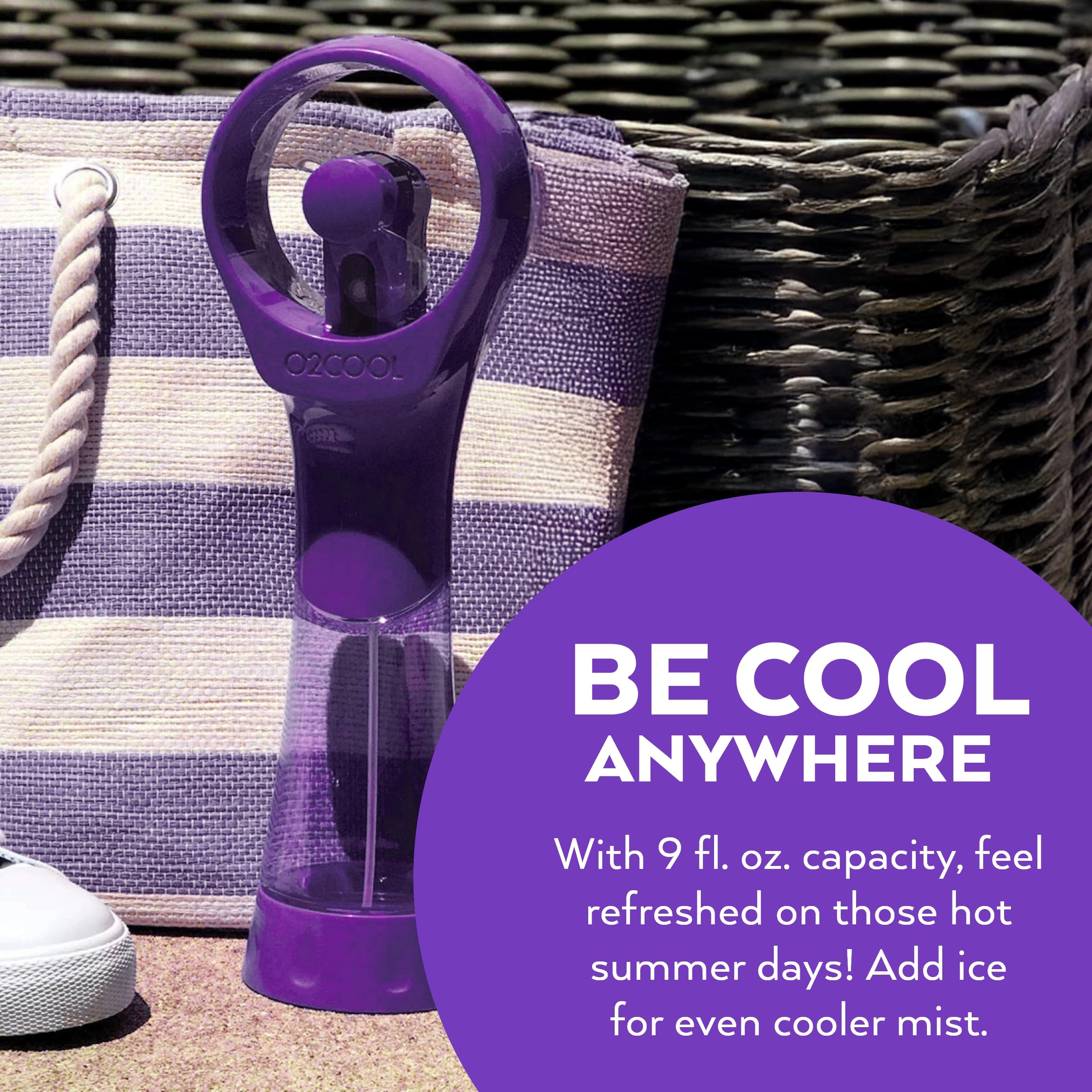 O2COOL handheld fan displayed with colourful designs