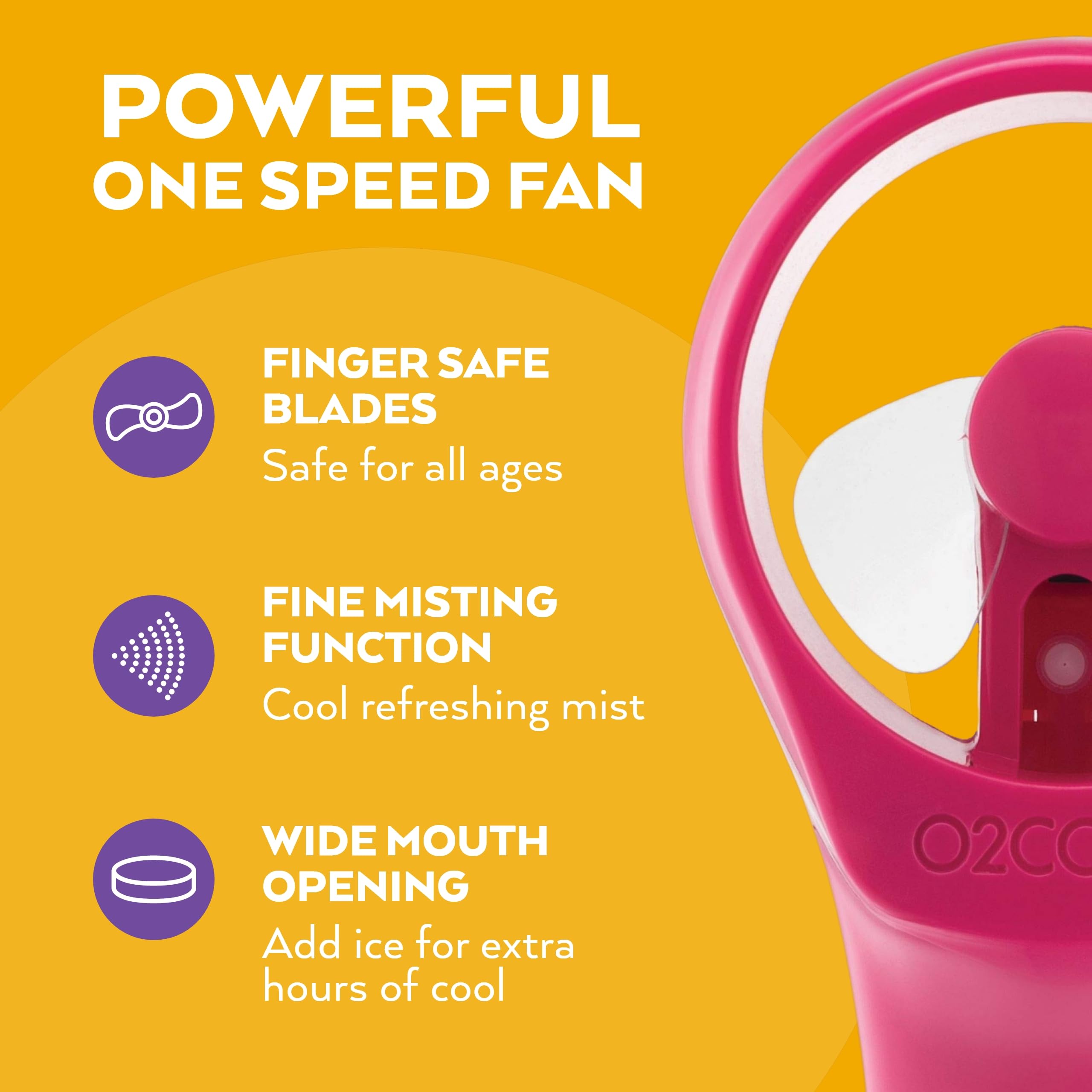 O2COOL handheld misting fan raspberry in use outdoors