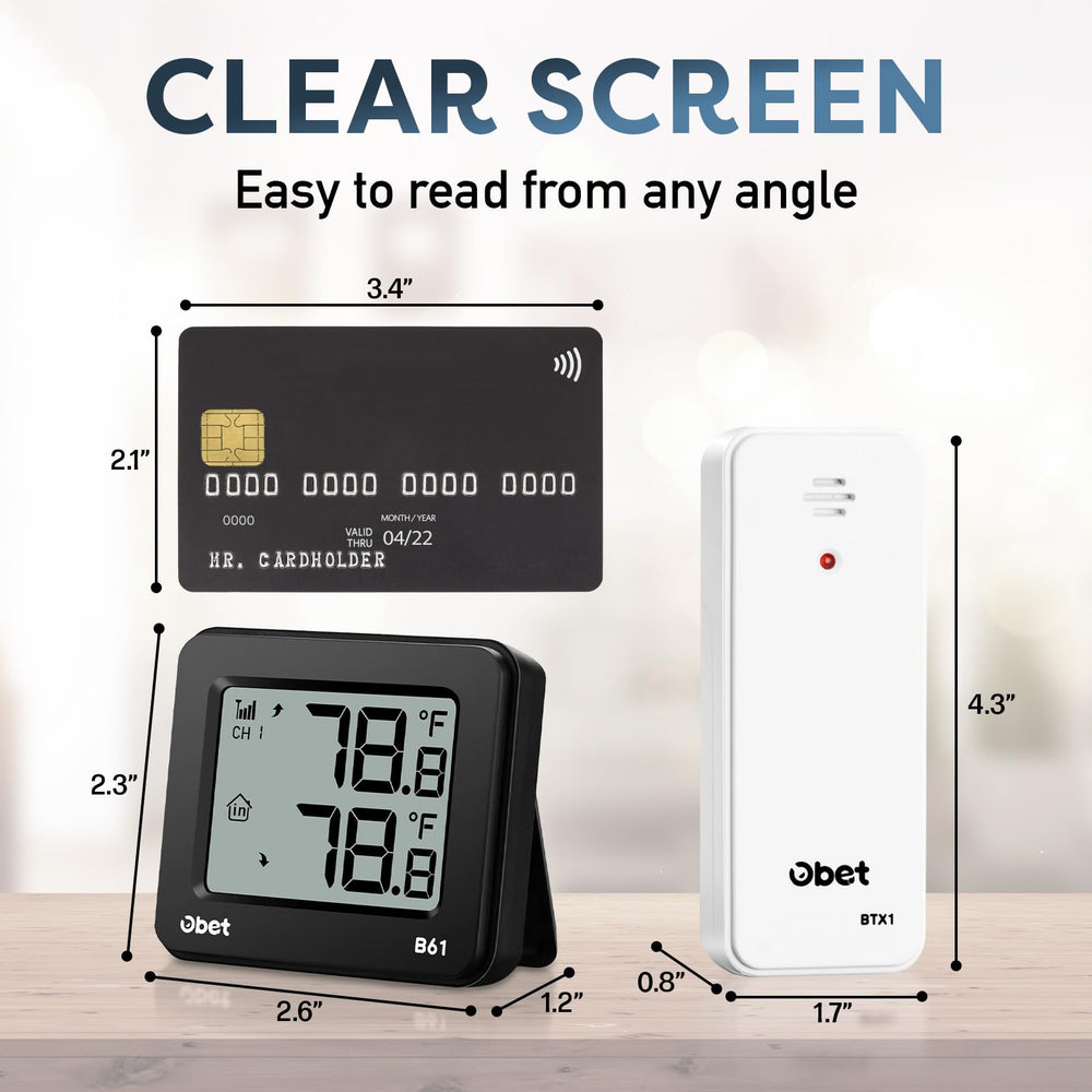 OBET Indoor Outdoor Thermometer side view showing dimensions