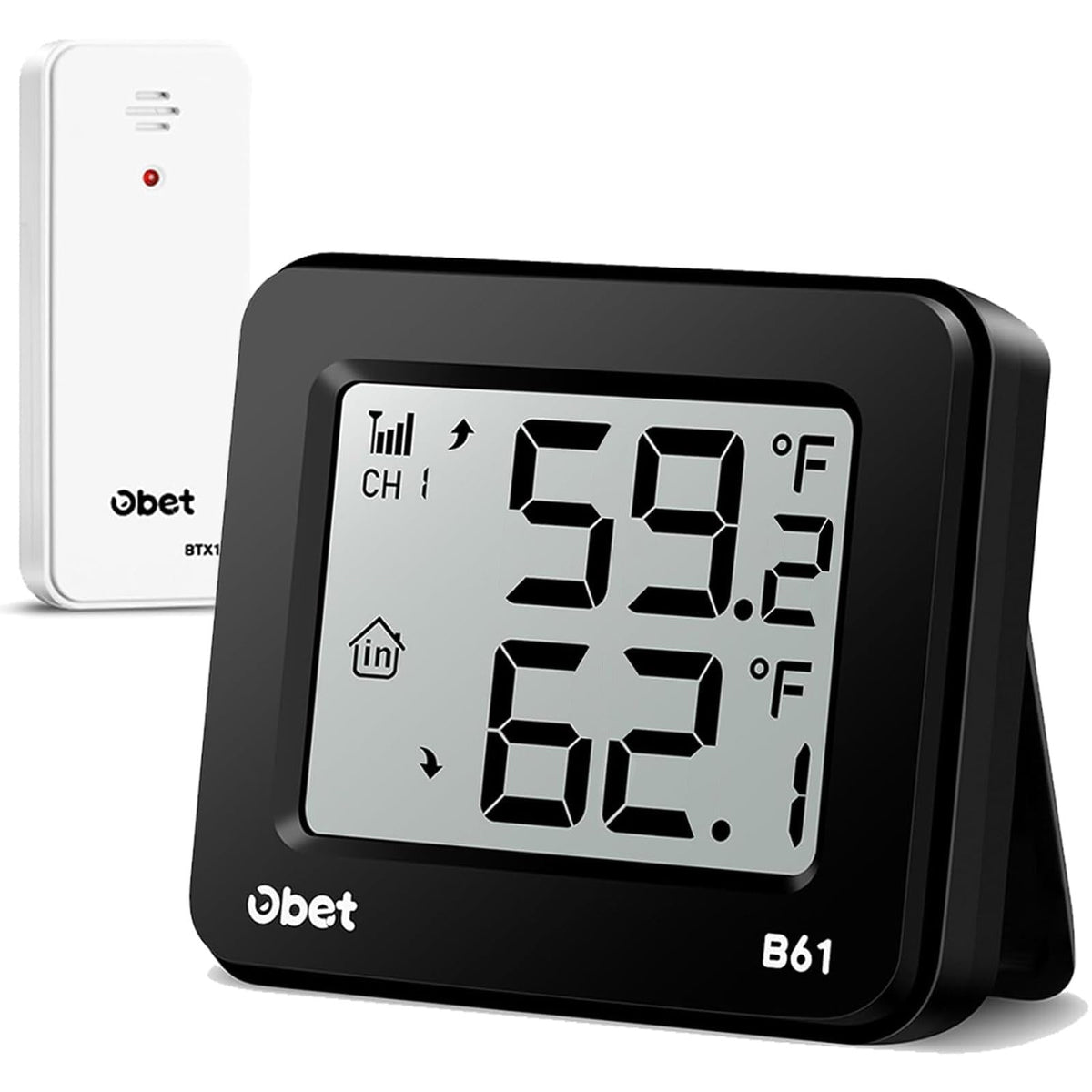 OBET Indoor Outdoor Wireless Thermometer front view with clear screen