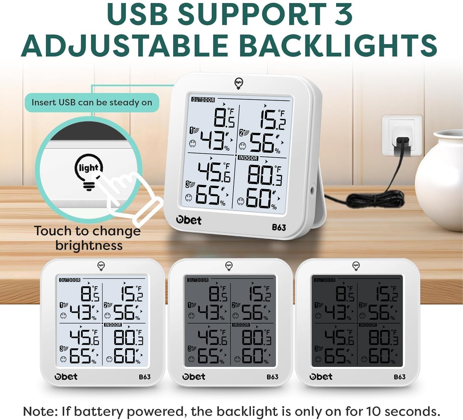 OBET thermometer showing temperature and humidity readings on screen