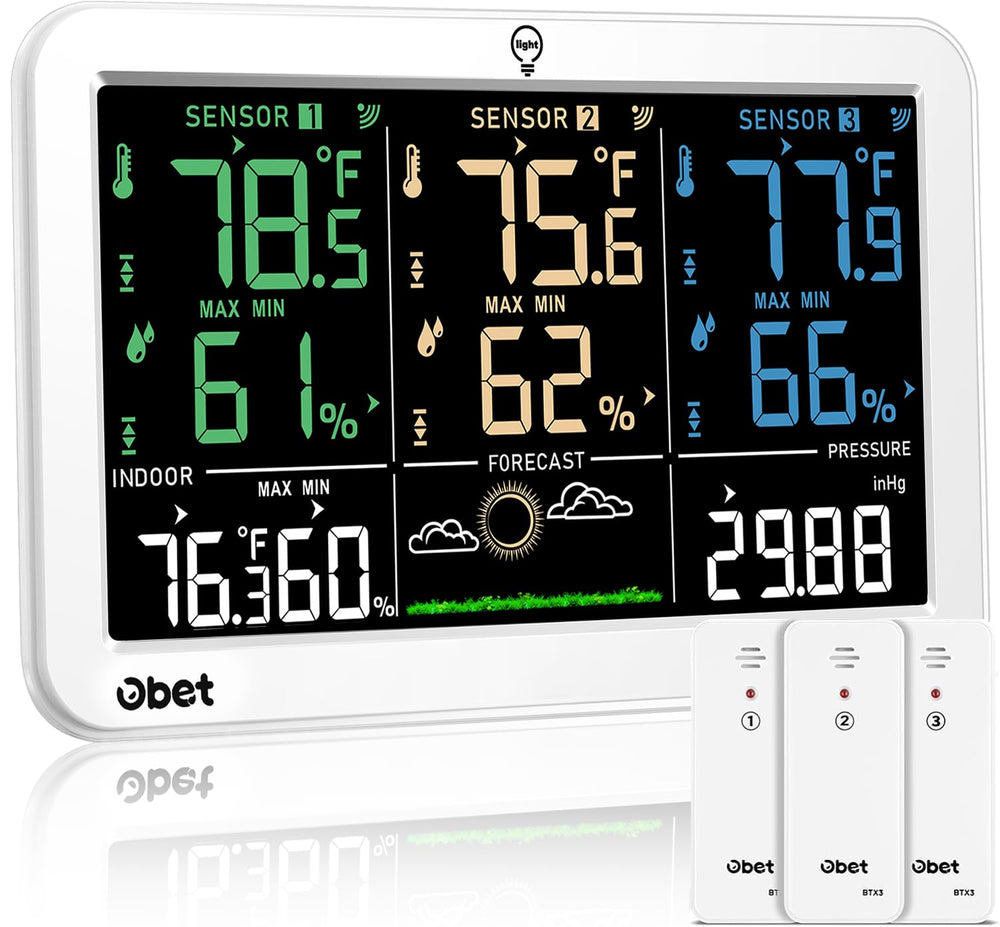 OBET Wireless Indoor Outdoor Thermometer front view with color display