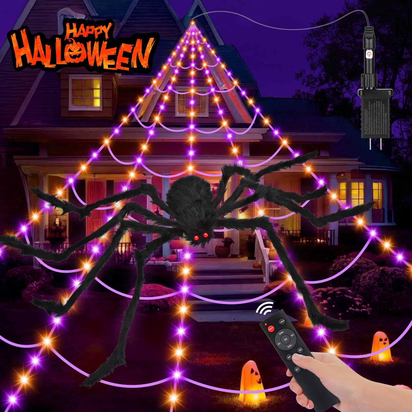 OCATO Halloween Spider Web Lights with purple and orange LEDs
