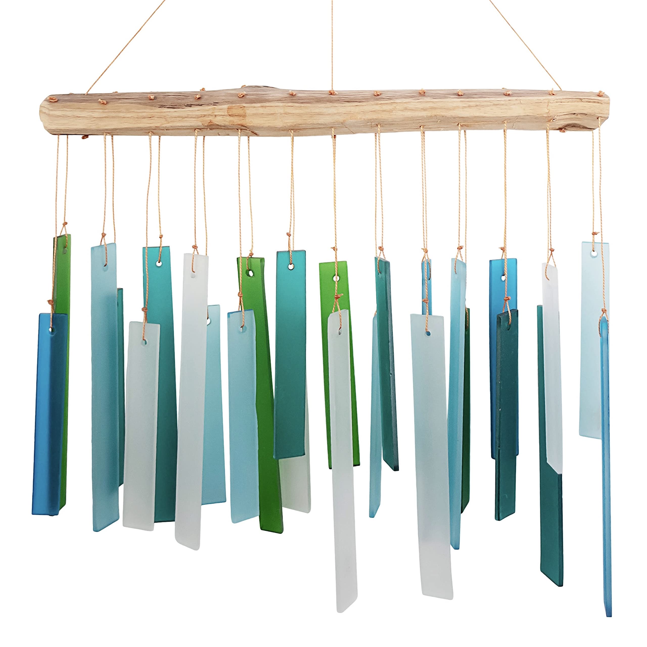 Ocean Blue Sea Glass Driftwood Wind Chime front view with gentle hues